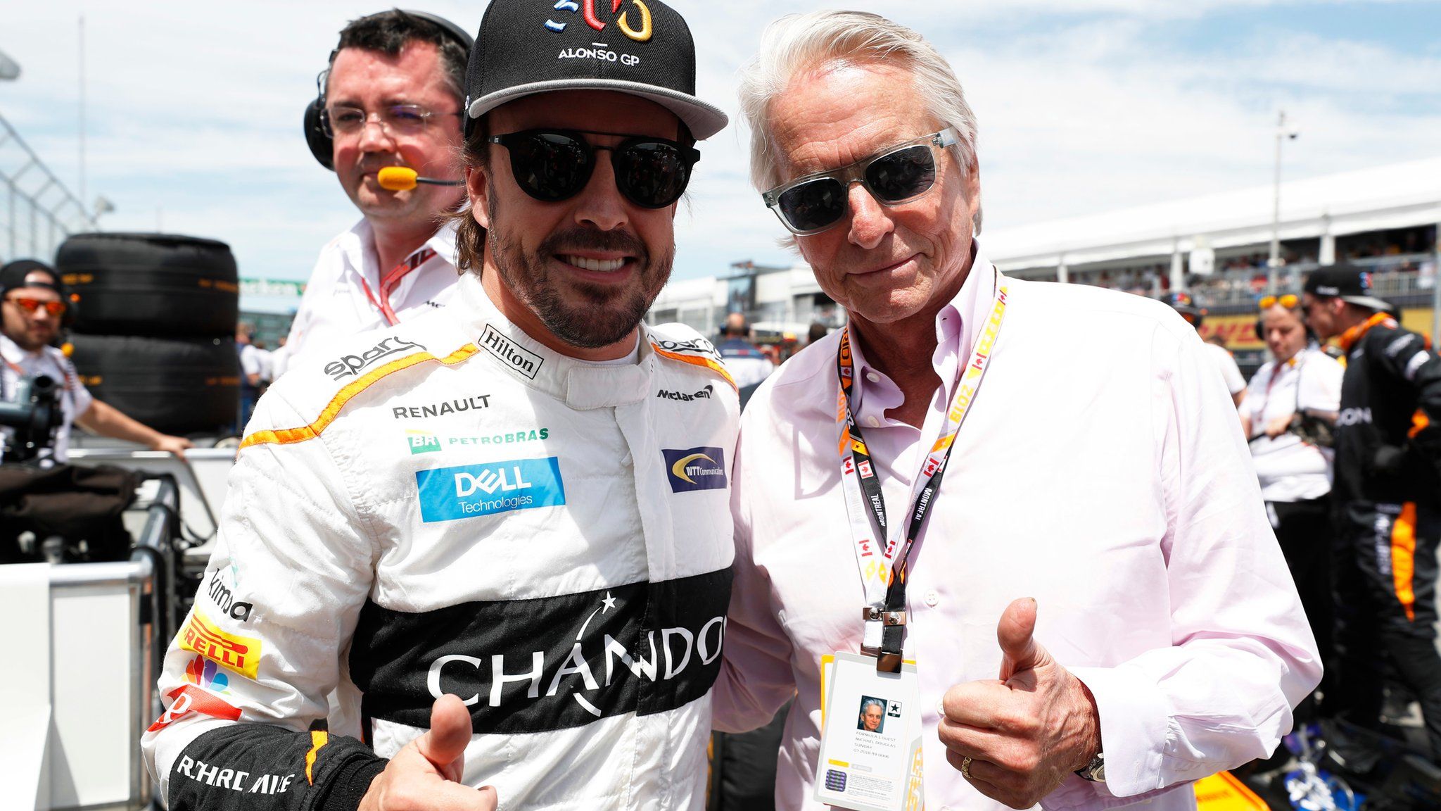 McLaren F1 driver Fernando Alonso with actor Michael Douglas on the grid during the Canadian GP