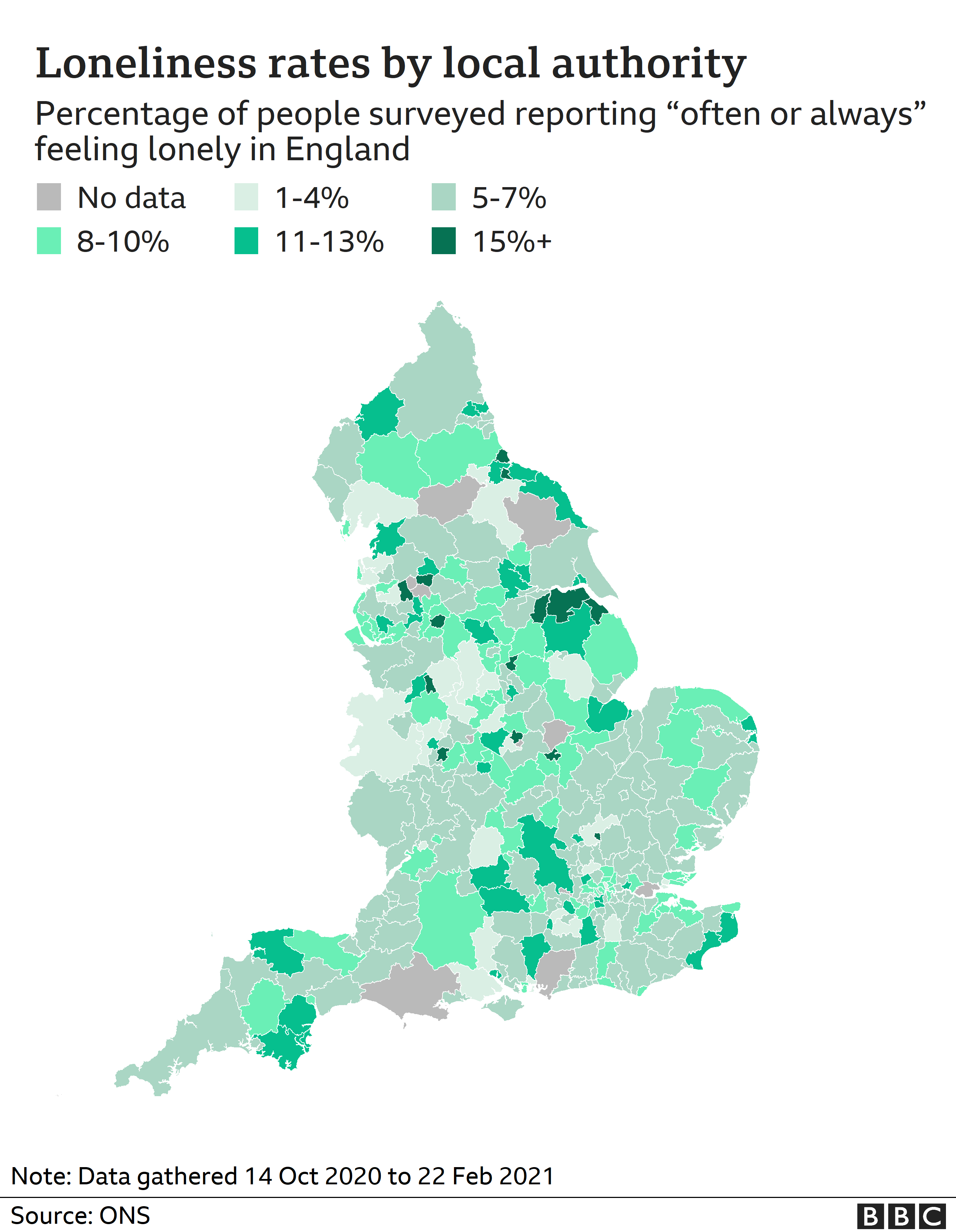 Map showing the results of the ONS survey of people who felt 'often or always' lonely