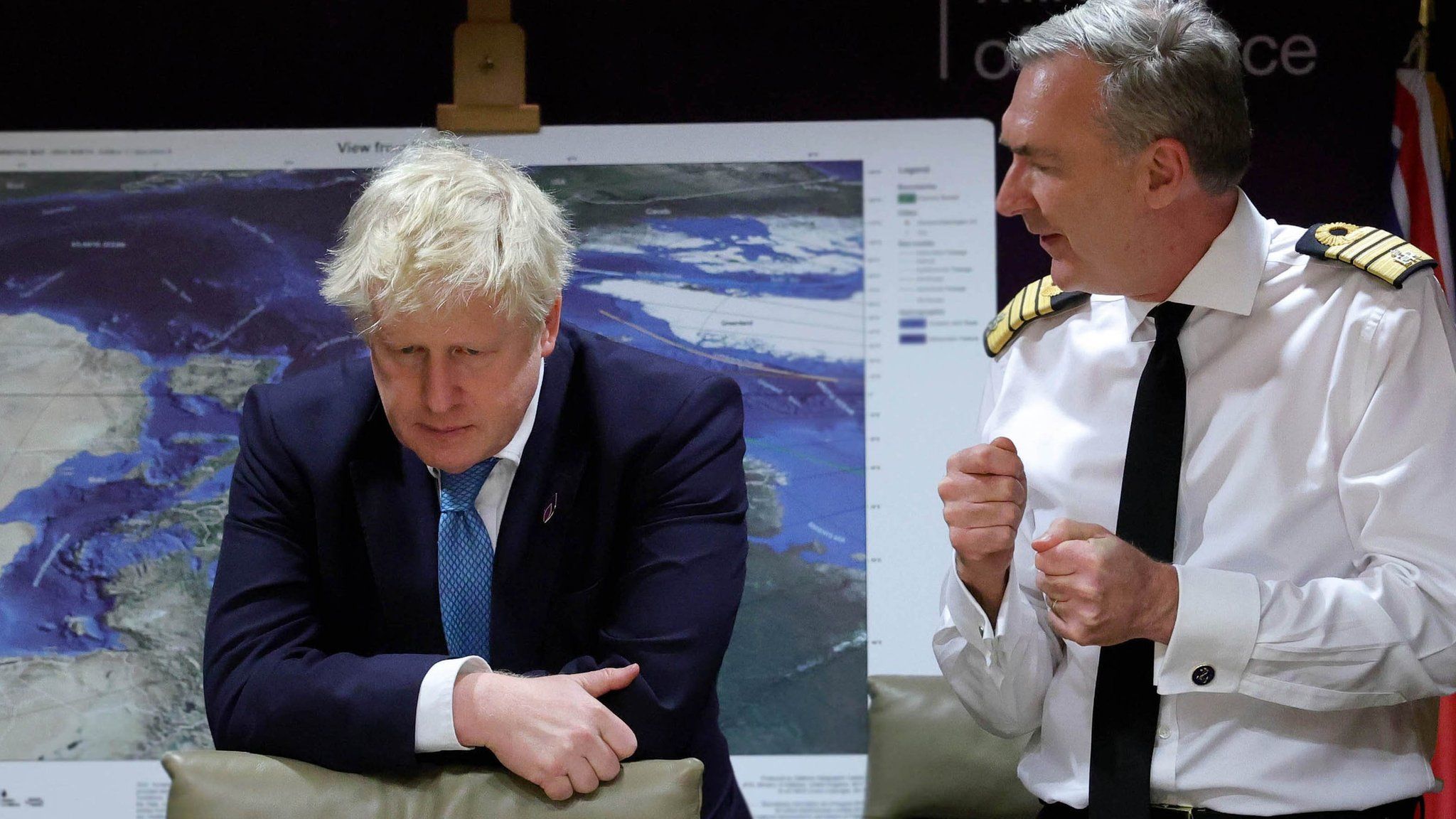 The Prime Minister Boris Johnson being updated on the situation in Ukraine at the Ministry of Defence by the Chief of the Defence Staff Admiral Sir Tony Radakin on 26 January