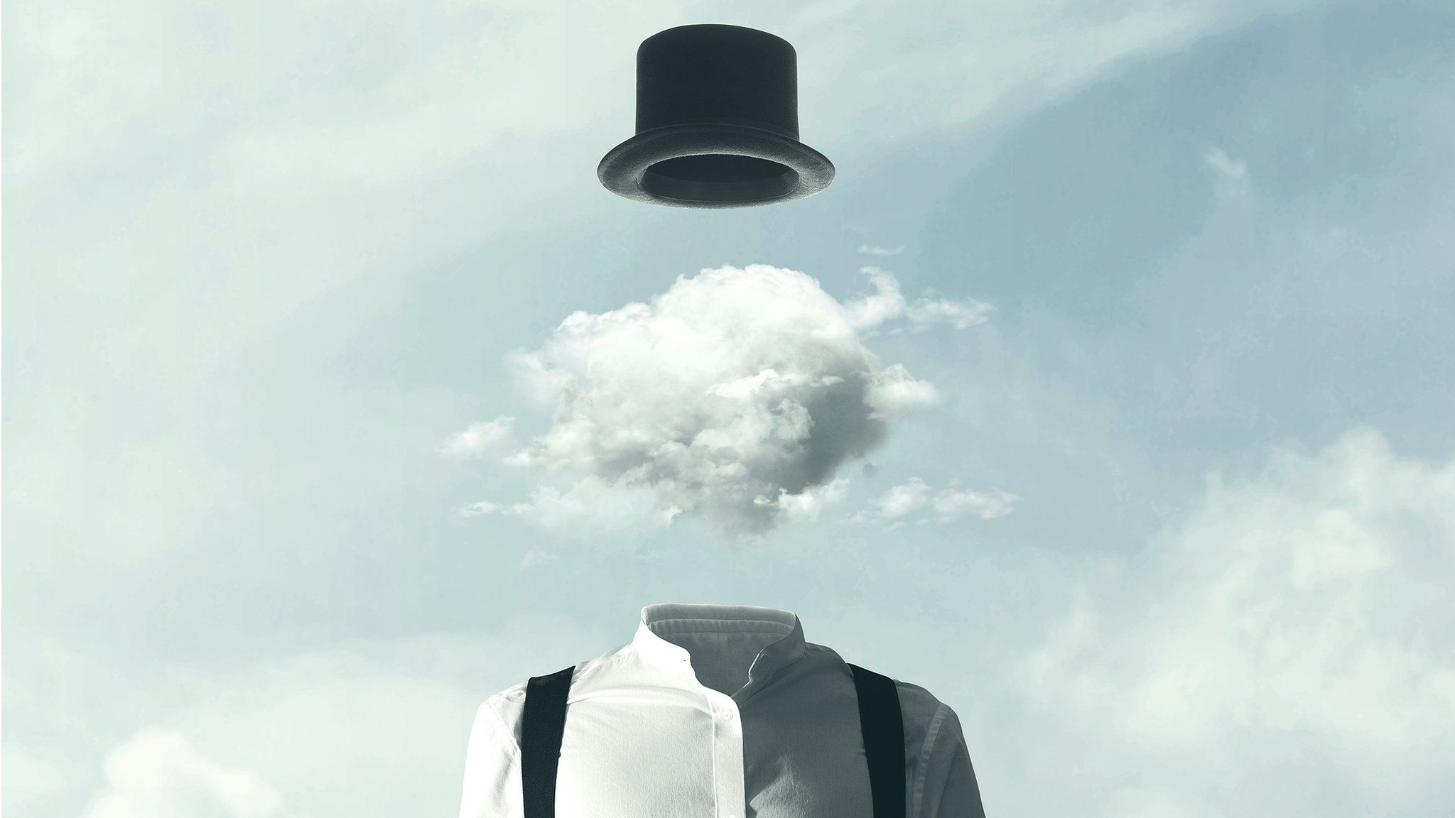 Surreal man with cloud face and floating hat