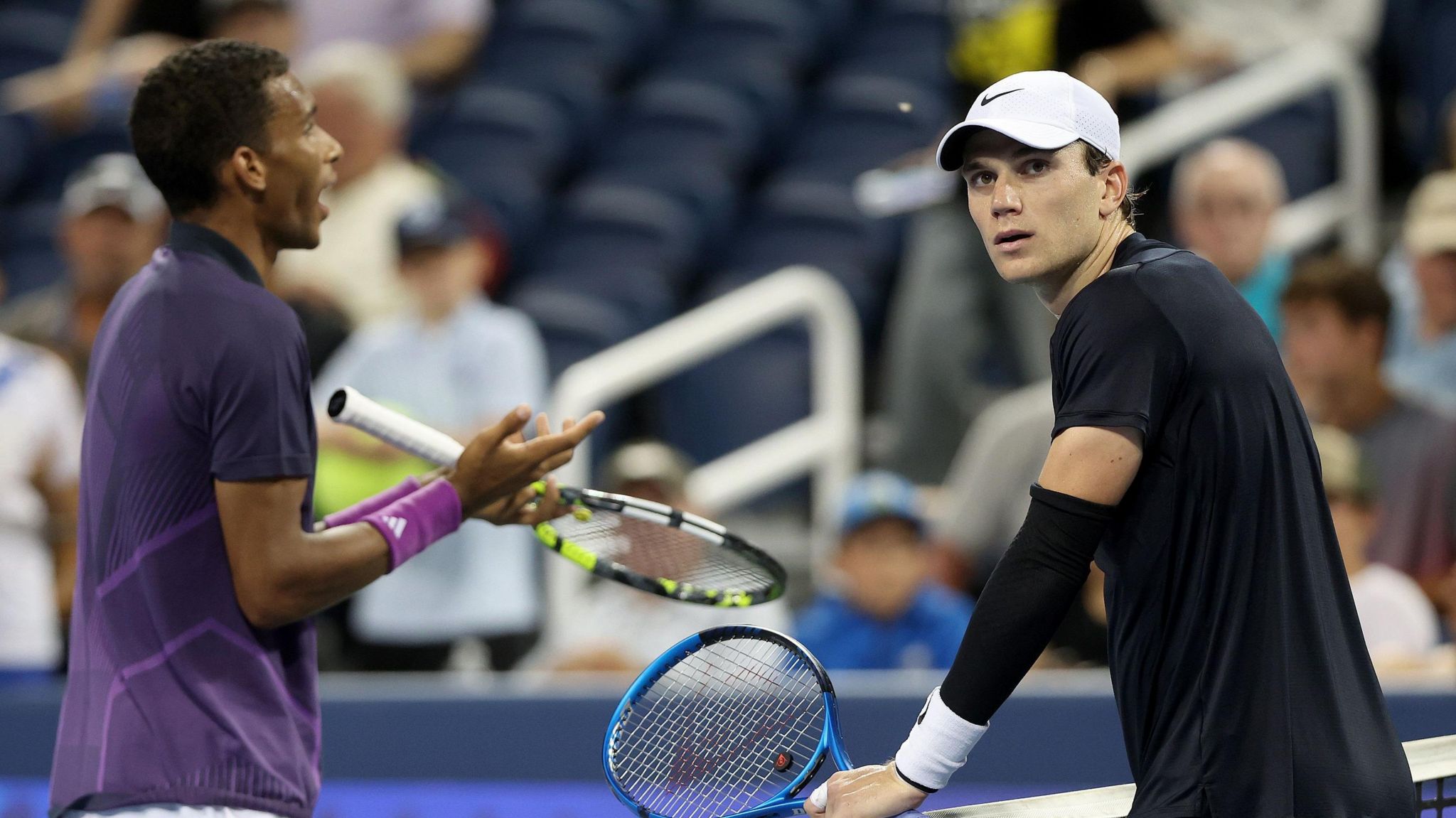 Felix Auger-Aliassime (left) and Jack Draper at the end of their match at the Cincinnati Open 