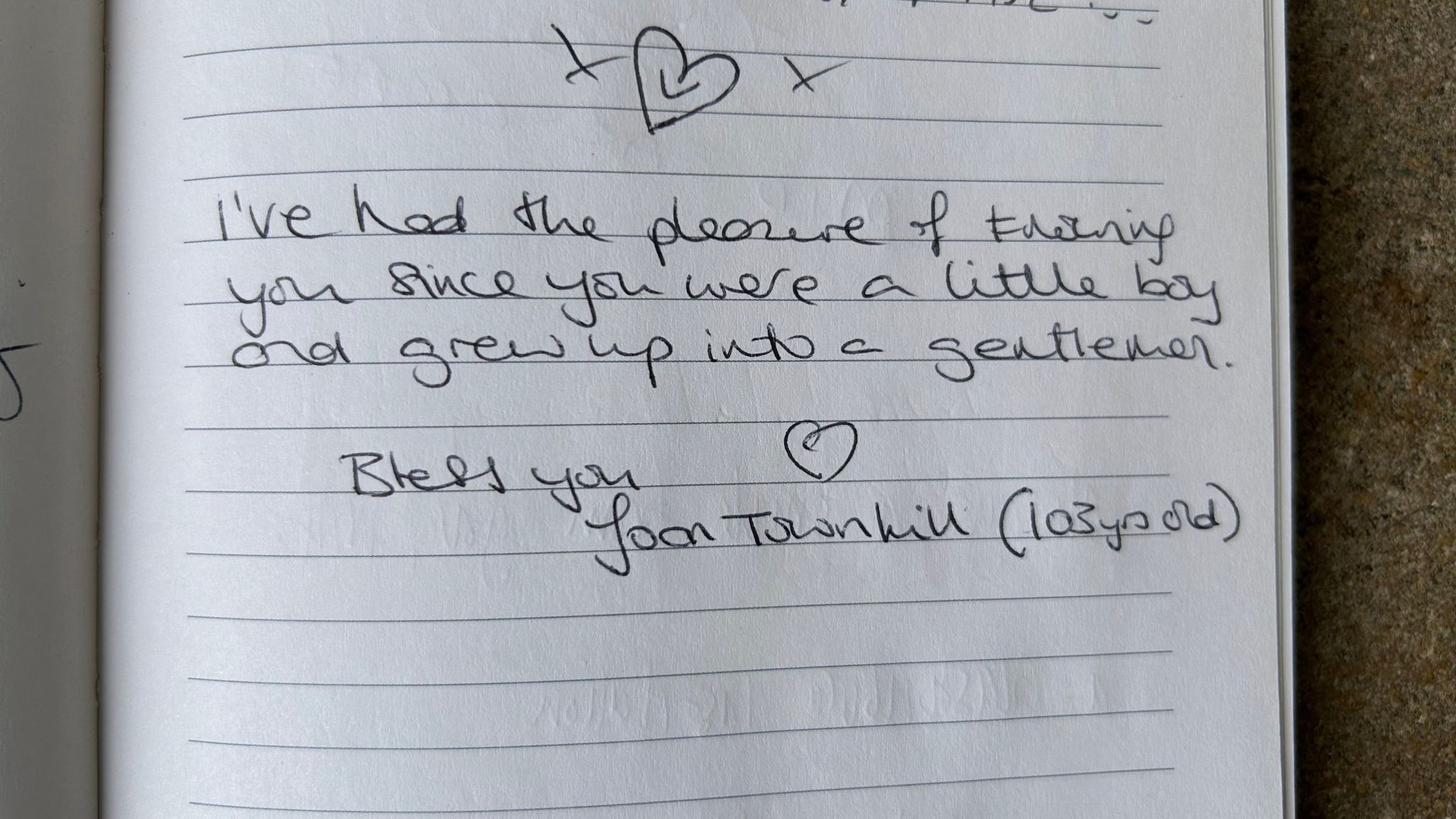Note left in book at funeral service