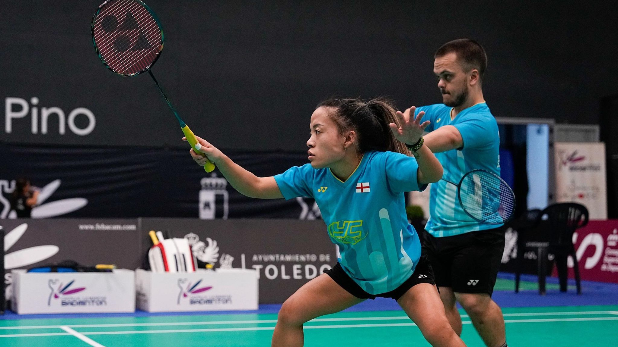 Para-badminton players Rachel Choong and Jack Shephard in mixed doubles action