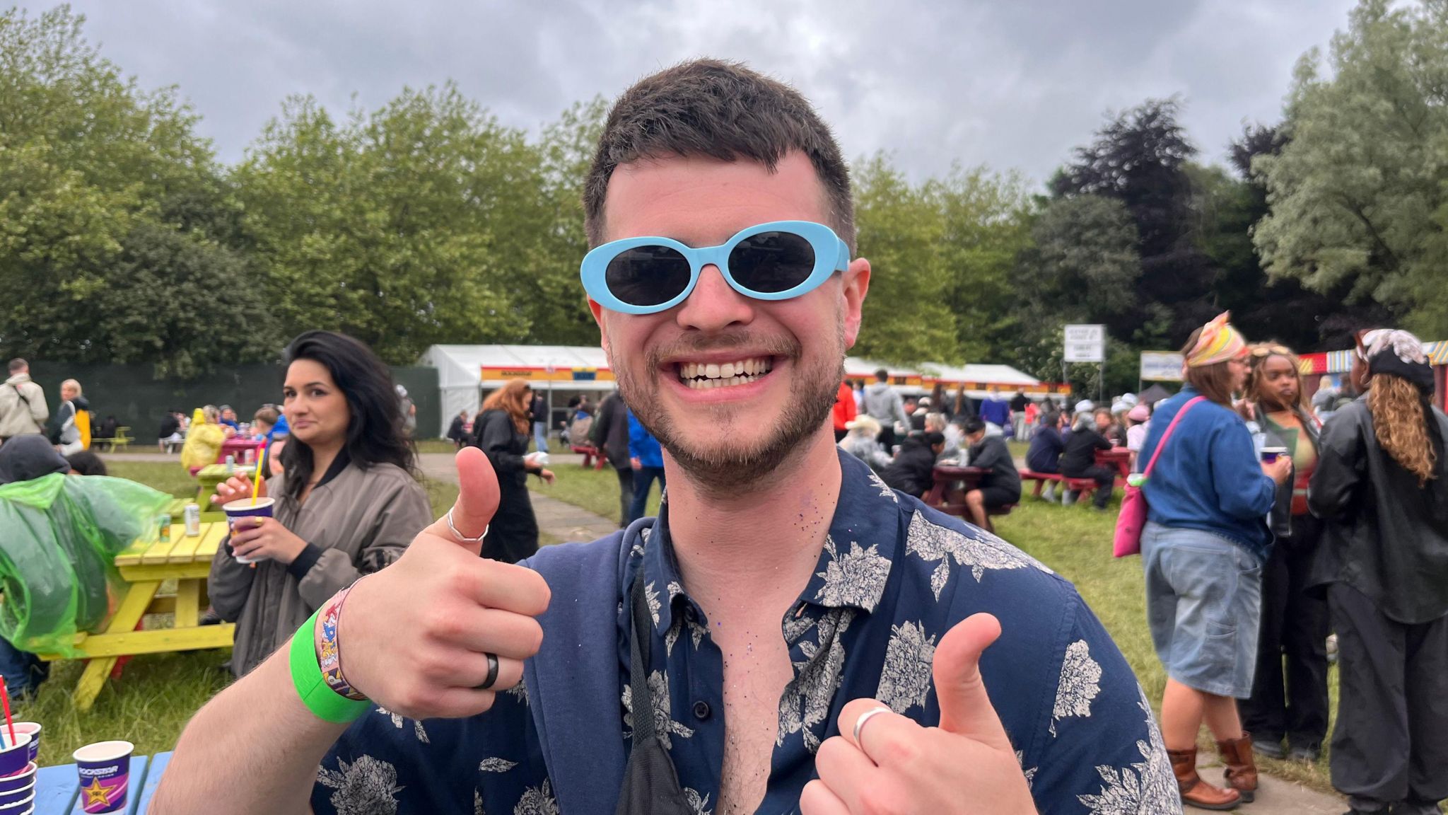 Joshua Burgess gives a thumbs up to the camera from Parklife Festival in Manchester 