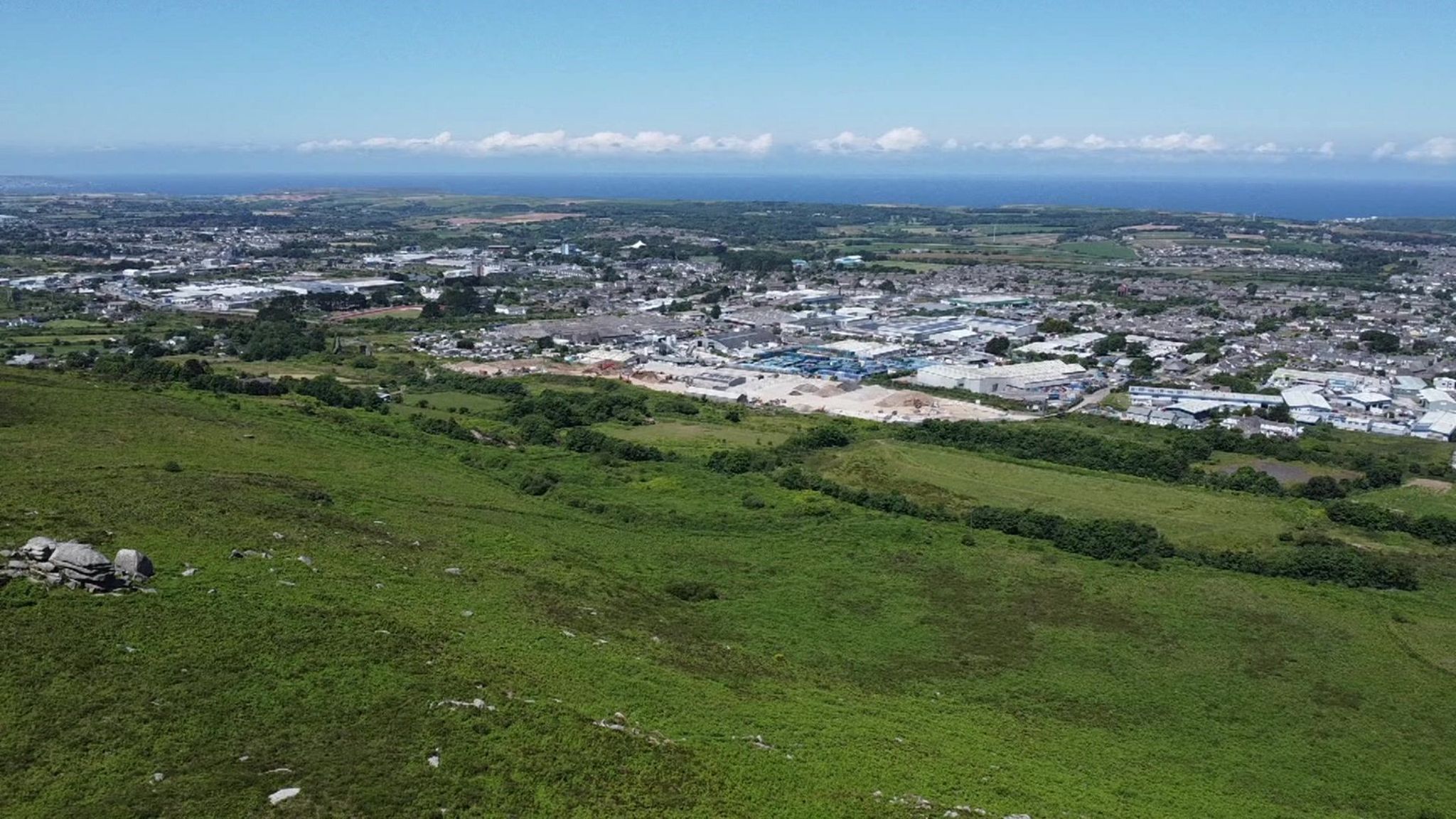 An aerial photo showing Camborne and beyond to the coast