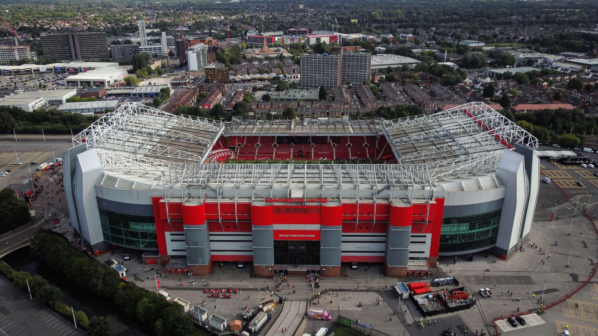 An aerial photograph taken by drone of Old Trafford stadium ahead of the English Premier League match between Manchester United and Fulham in Manchester, Britain, 16 August 2024.