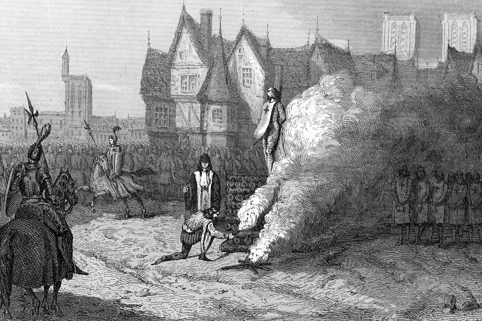 An etching showing the last grandmaster of the Templars, Jacques de Molay, being burned to death in Paris in 1314