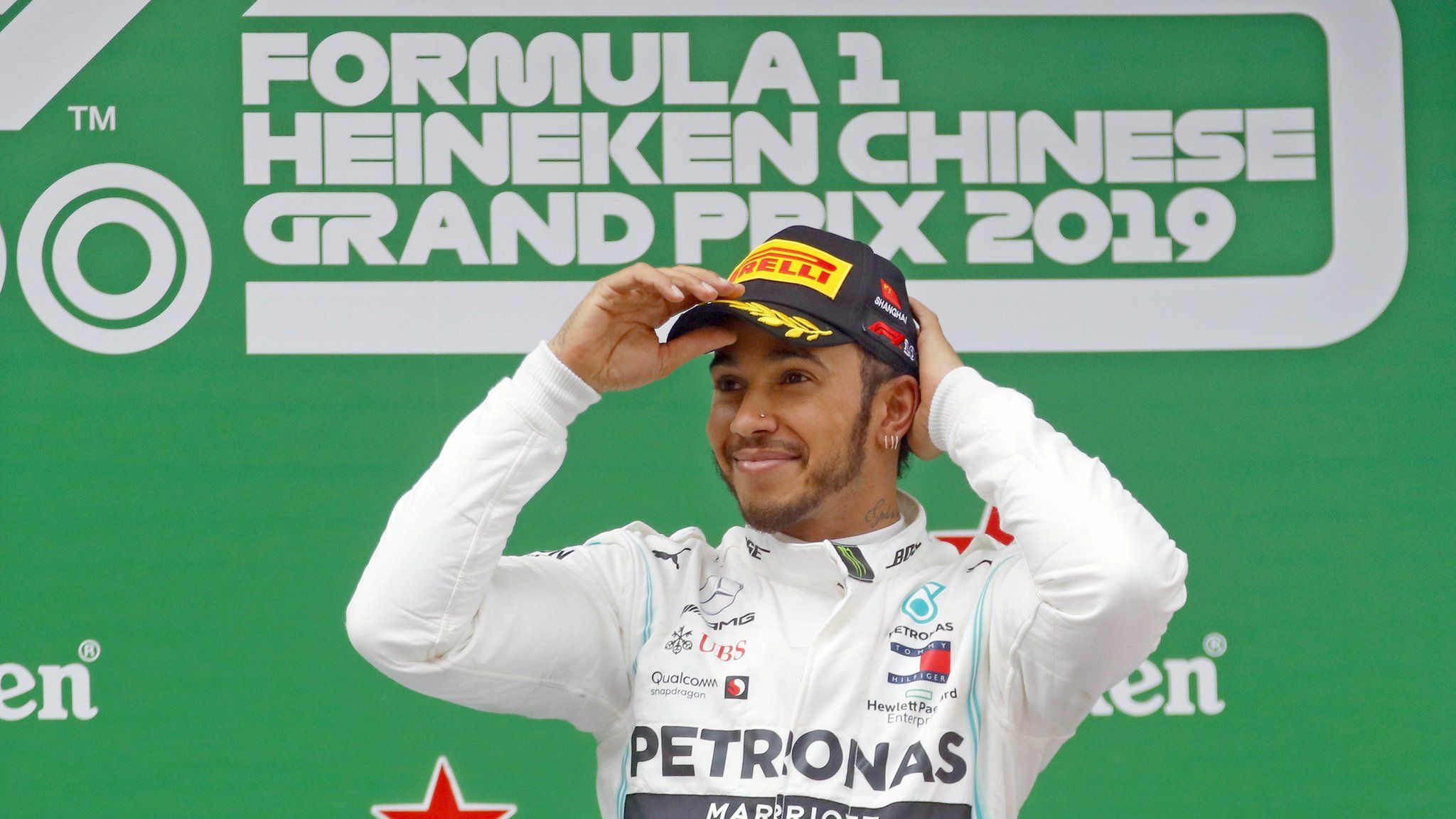 Lewis Hamilton on the podium after winning the 2019 Chinese Grand Prix in Shanghai
