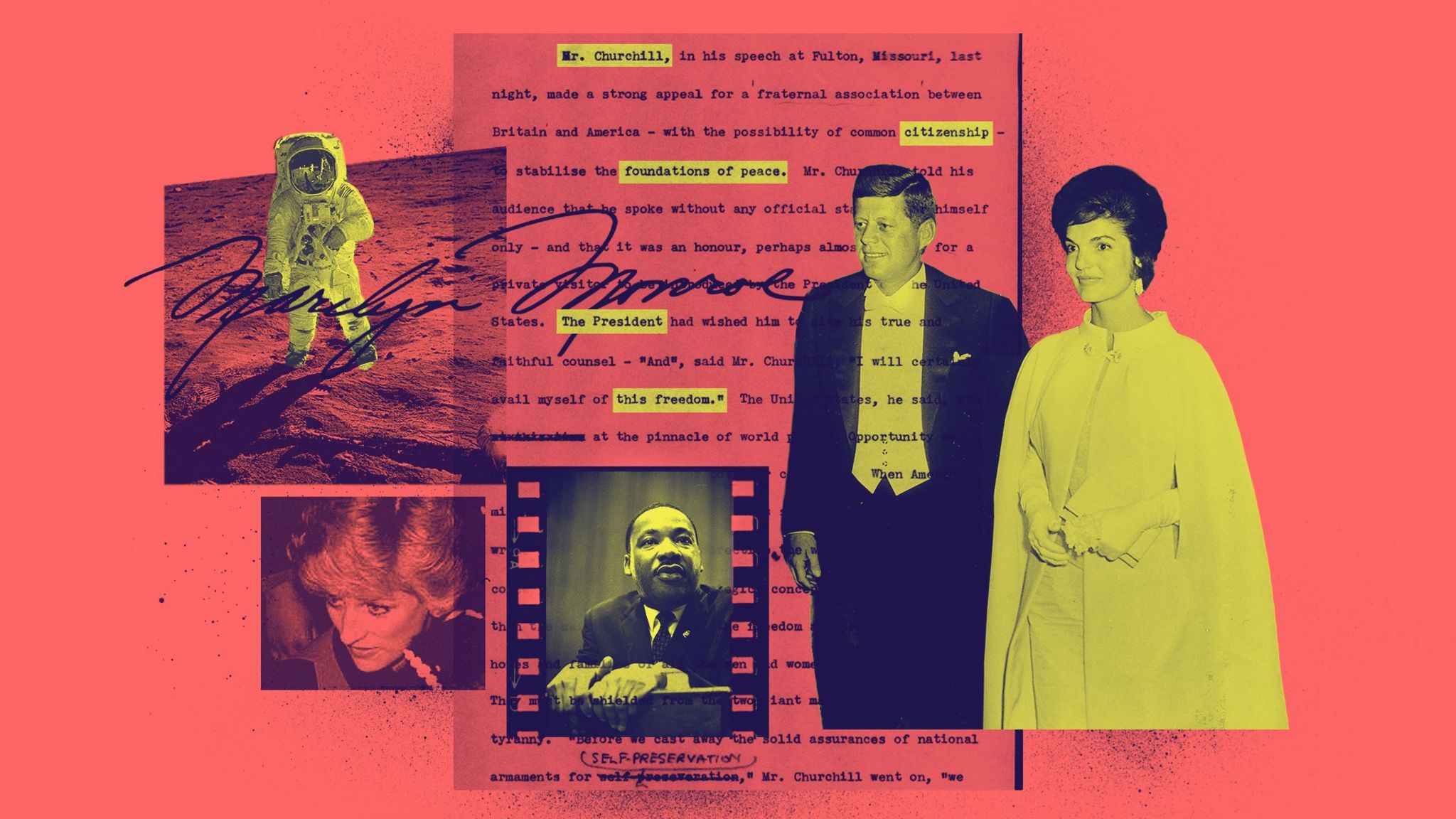 Promotional image for the BBC In History newsletter, featuring a montage of an astronaut, Diana, Princess of Wales, Martin Luther King and John F Kennedy with wife Jackie, against a backdrop of a typed radio news script.