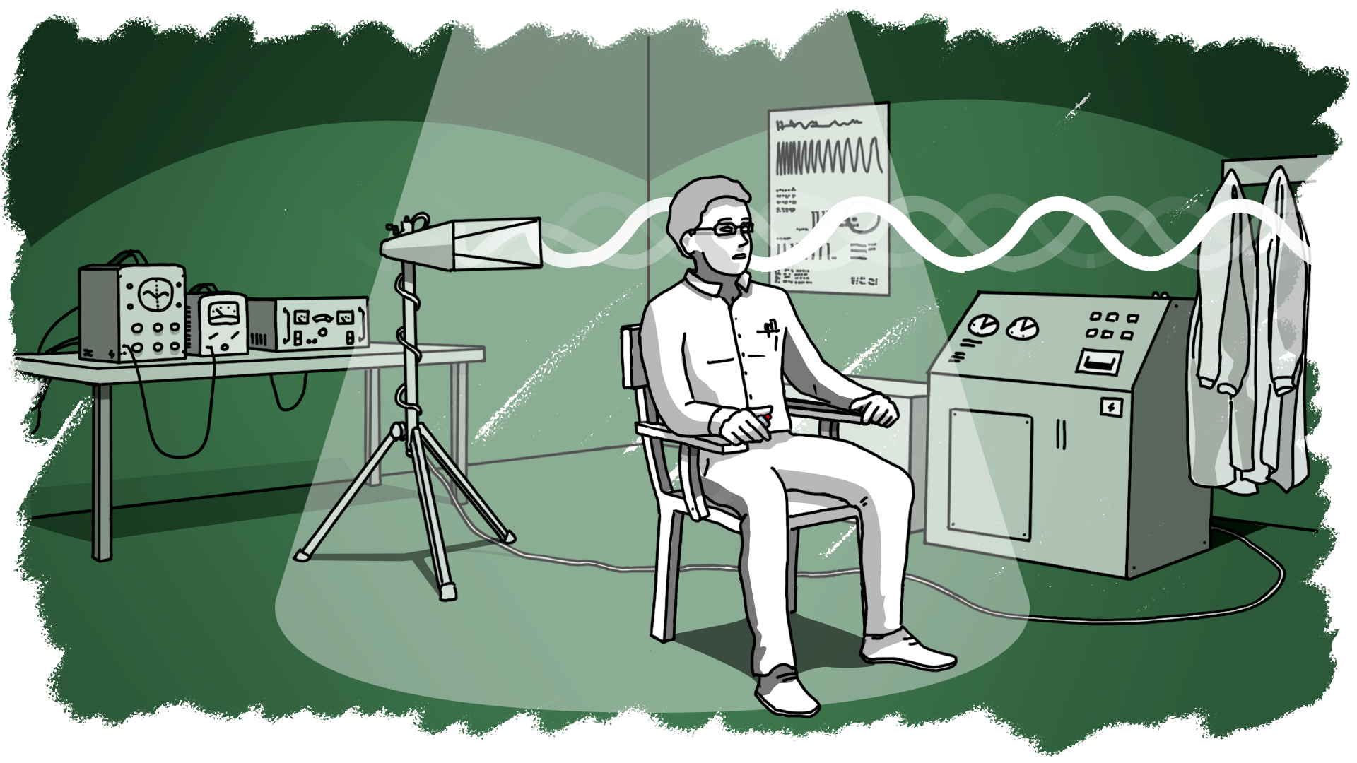 Illustration of man undergoing an experiment on his brain