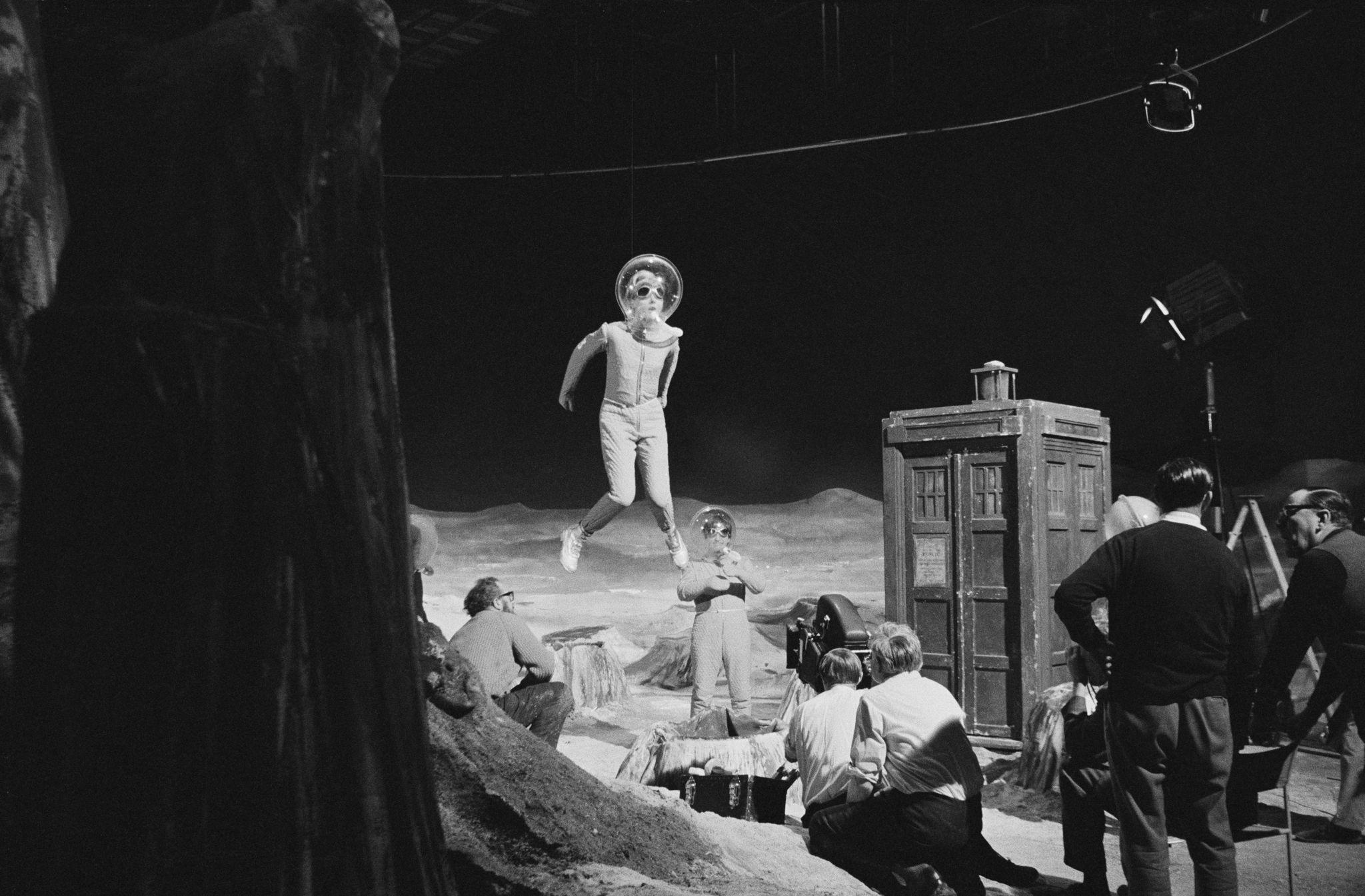 Cast and crew on set for the shooting of the Doctor Who story The Moonbase