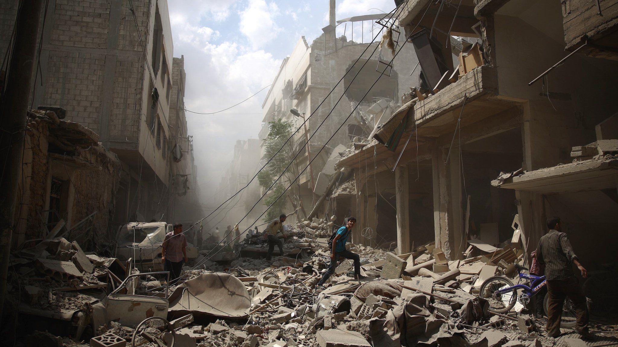 Damage in the rebel-held area of Douma, Syria, on 30 August 2015