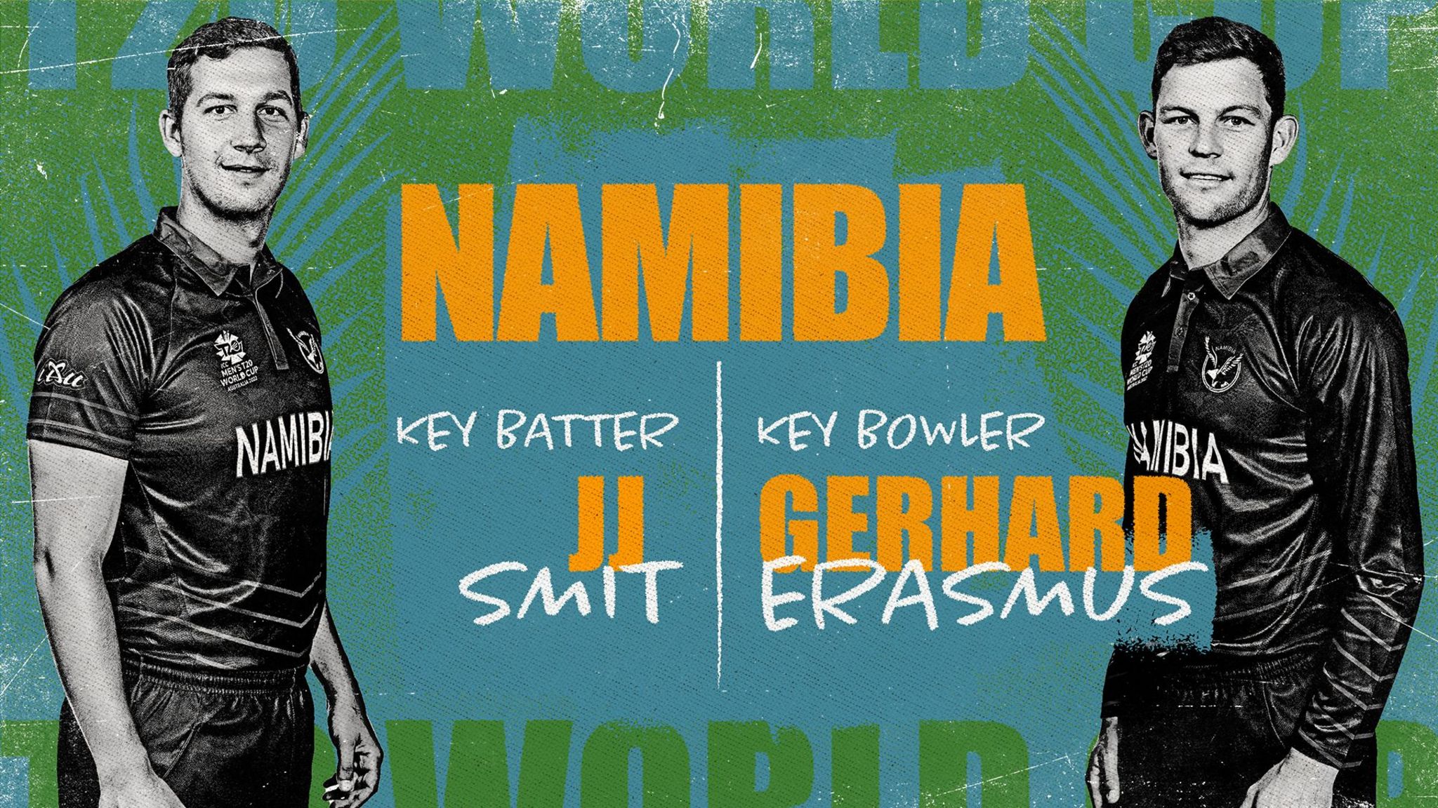A graphic showing JJ Smit and Gerhard Erasmus as Namibia's key batter and bowler at the Men's T20 World Cup