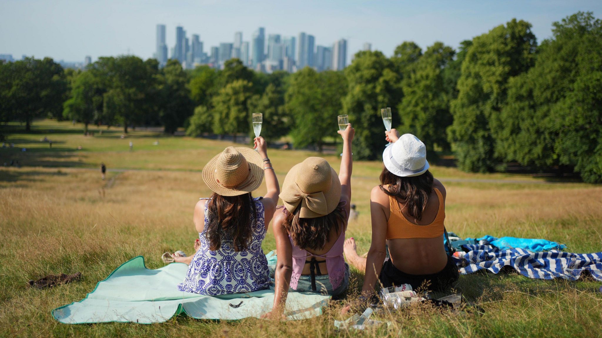 Three women sitting in a park on a sunny day raising champagne glasses