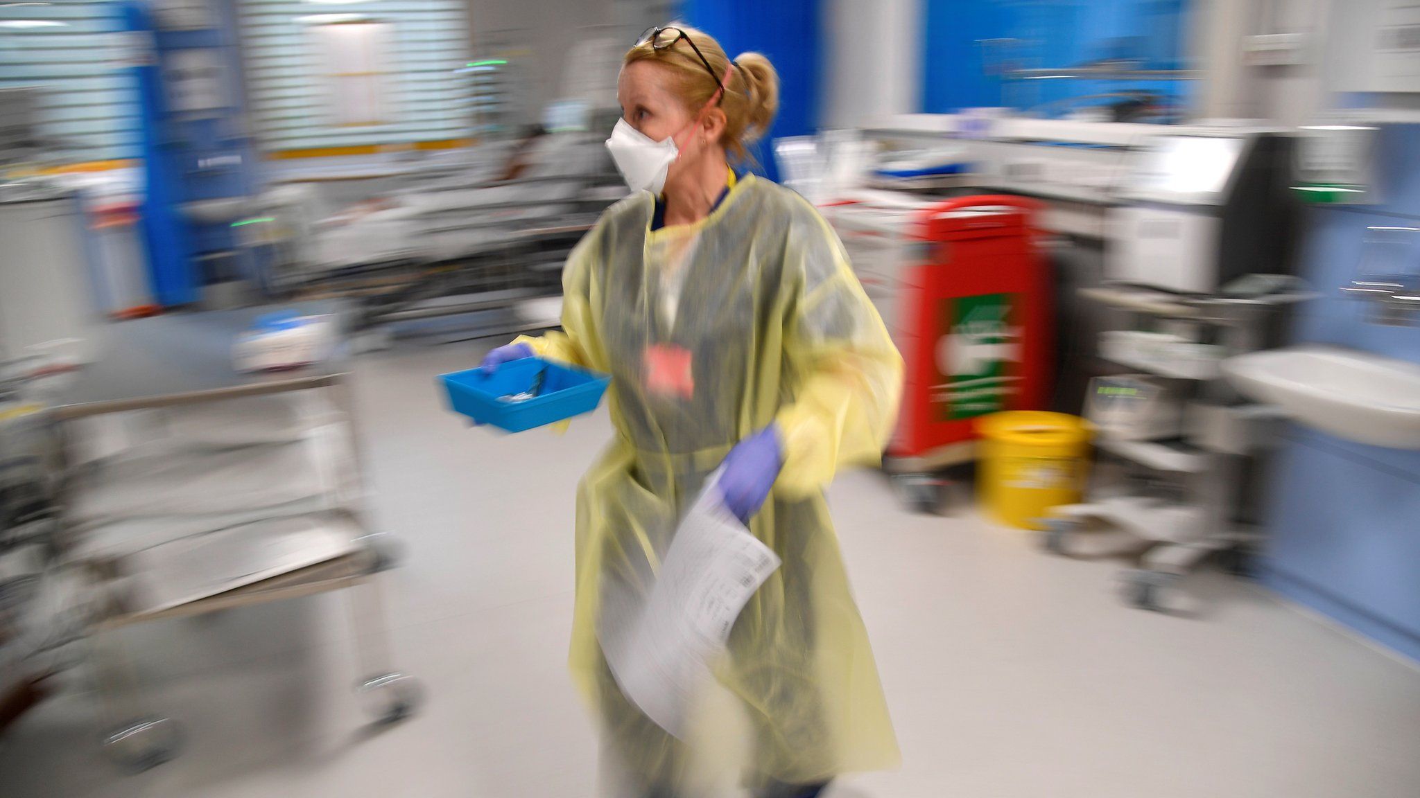 A nurse treats COVID-19 patients in Intensive Care Unit at Milton Keynes University Hospital