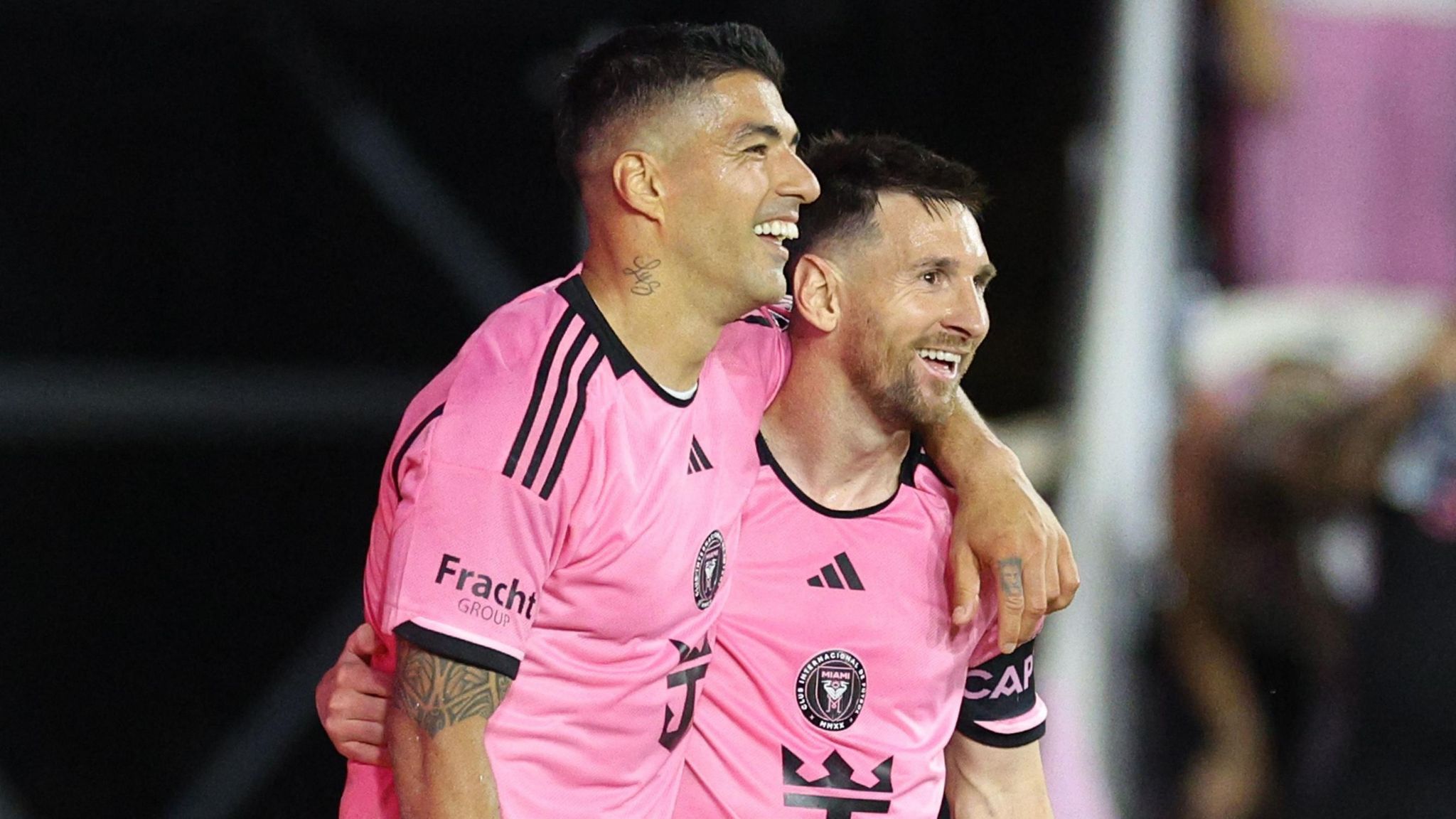 Luis Suarez and Lionel Messi celebrate a goal for Inter Miami