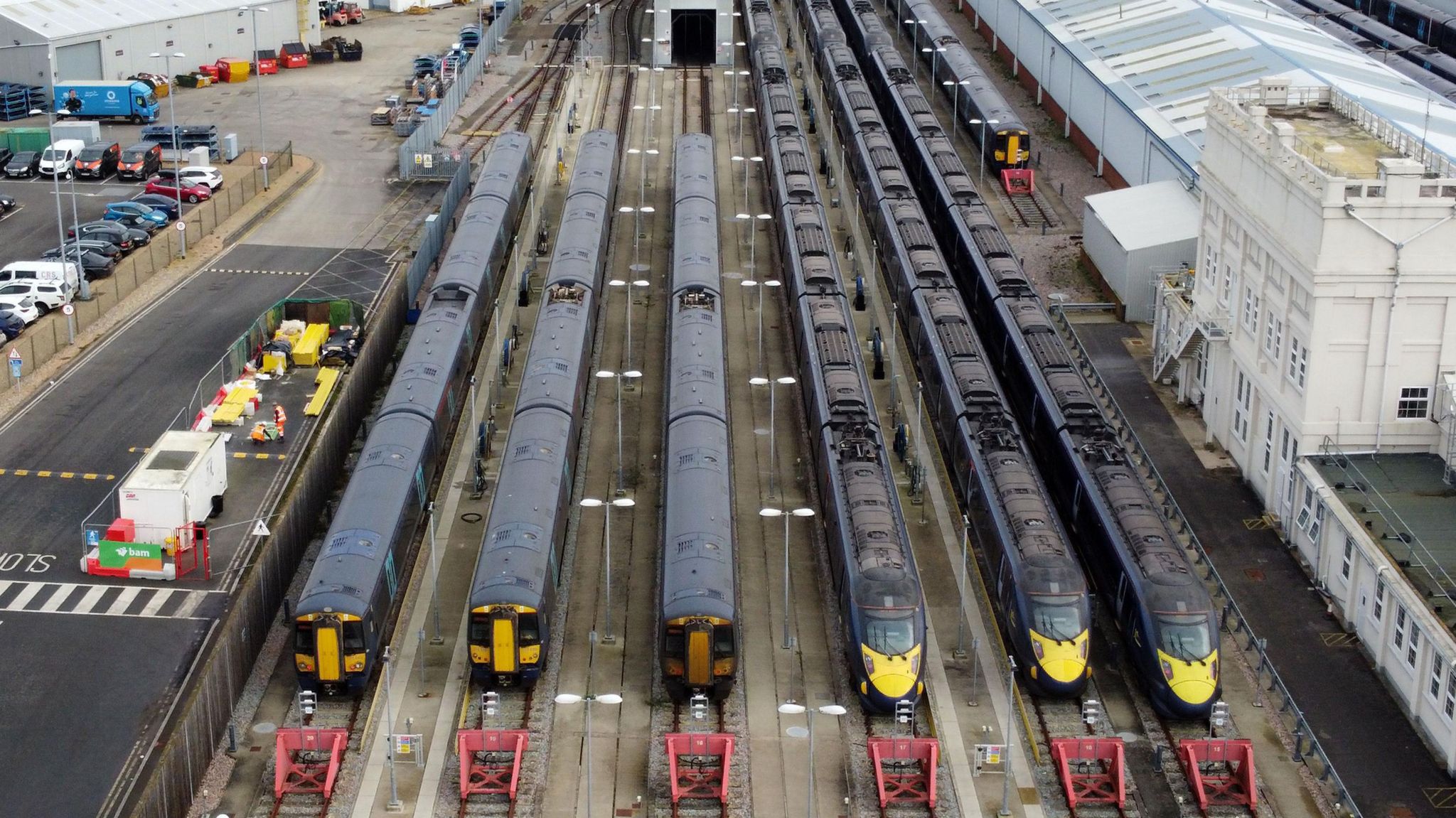 Aerial shot of Southeastern trains in the depot in Ramsgate on a previous strike day