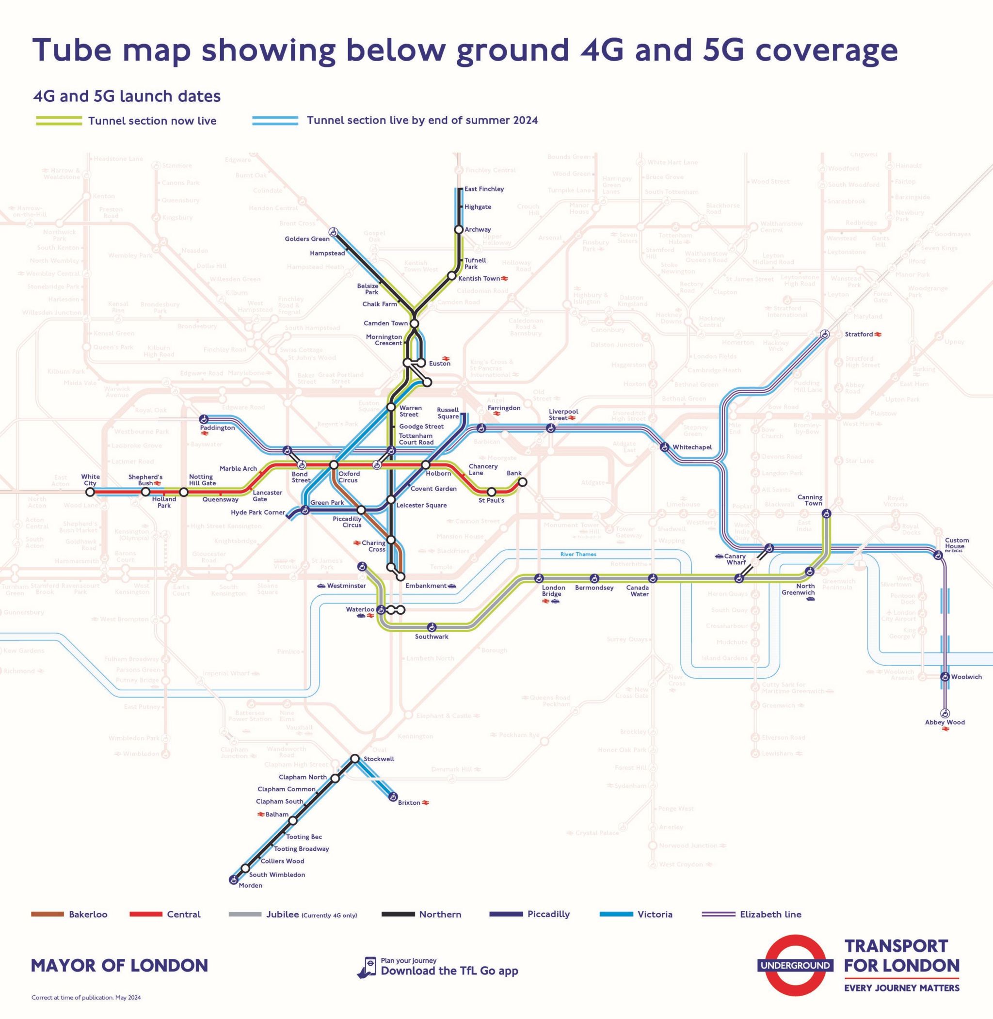 The mobile phone coverage across the Tube network as of May 2024