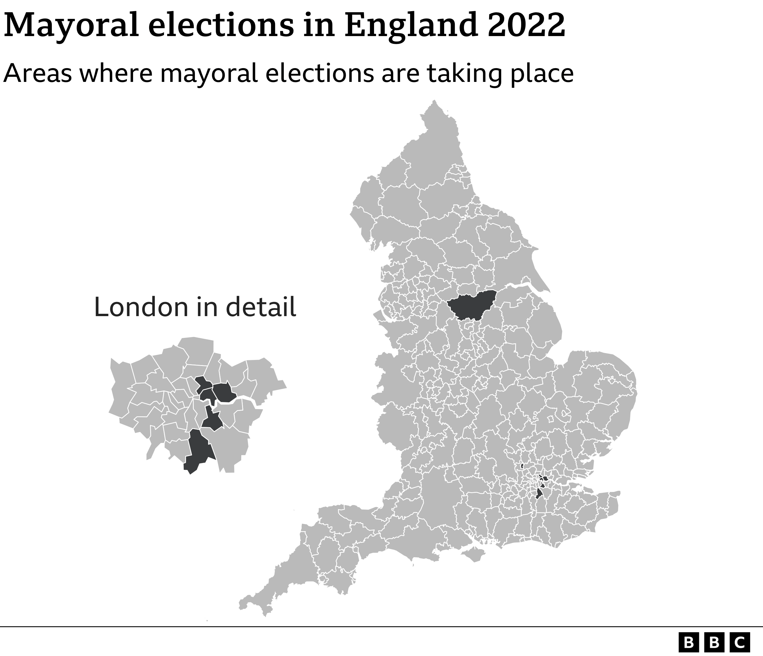 Map showing the mayoral areas across England holding an election in May 2022