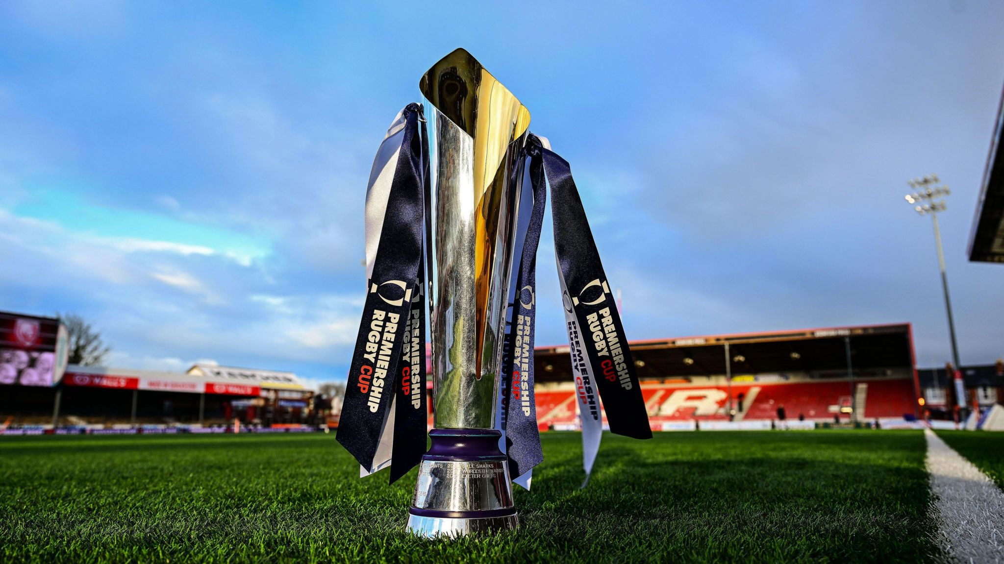 The Premiership Rugby Cup trophy on the field at Kingsholm Stadium before last season's final