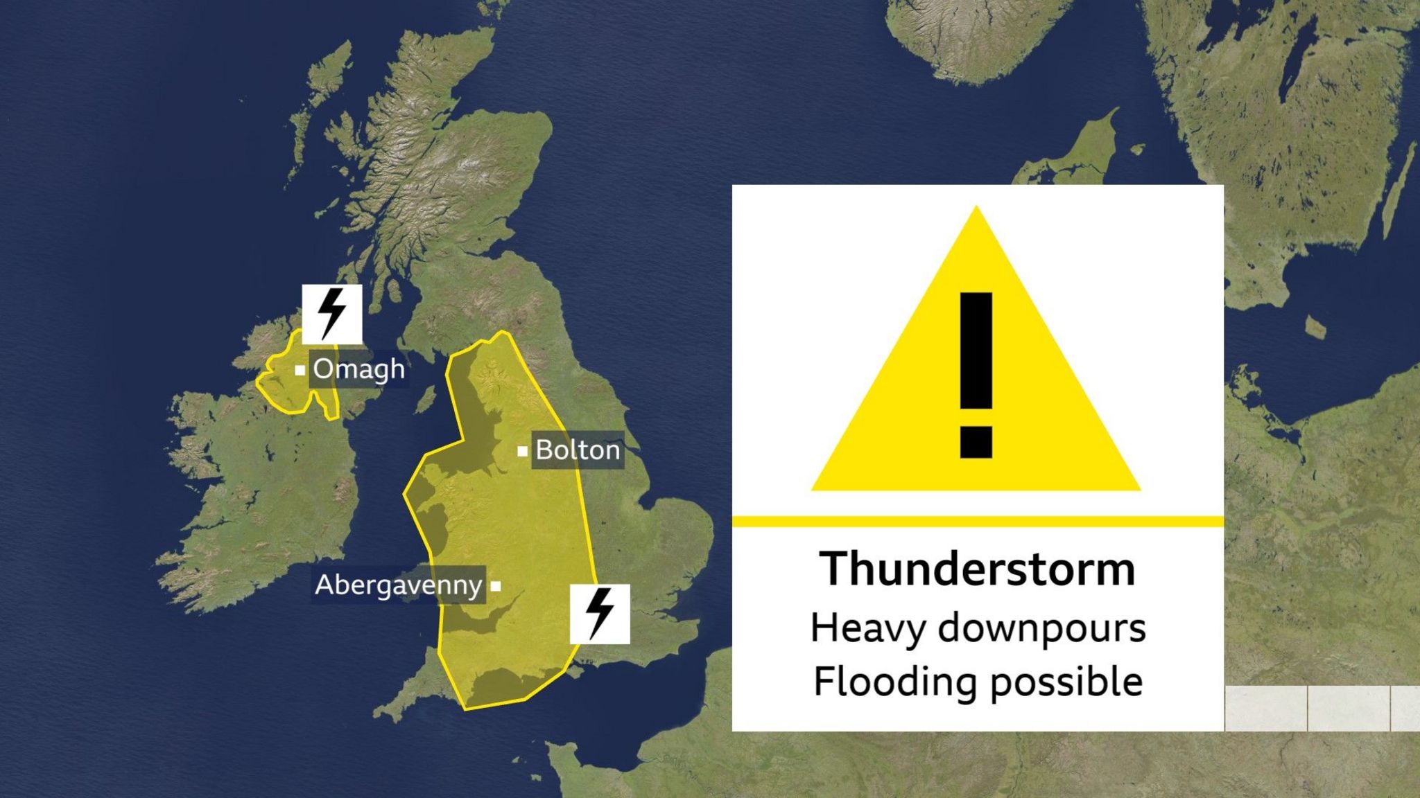 UK map showing yellow thunderstorm warning areas