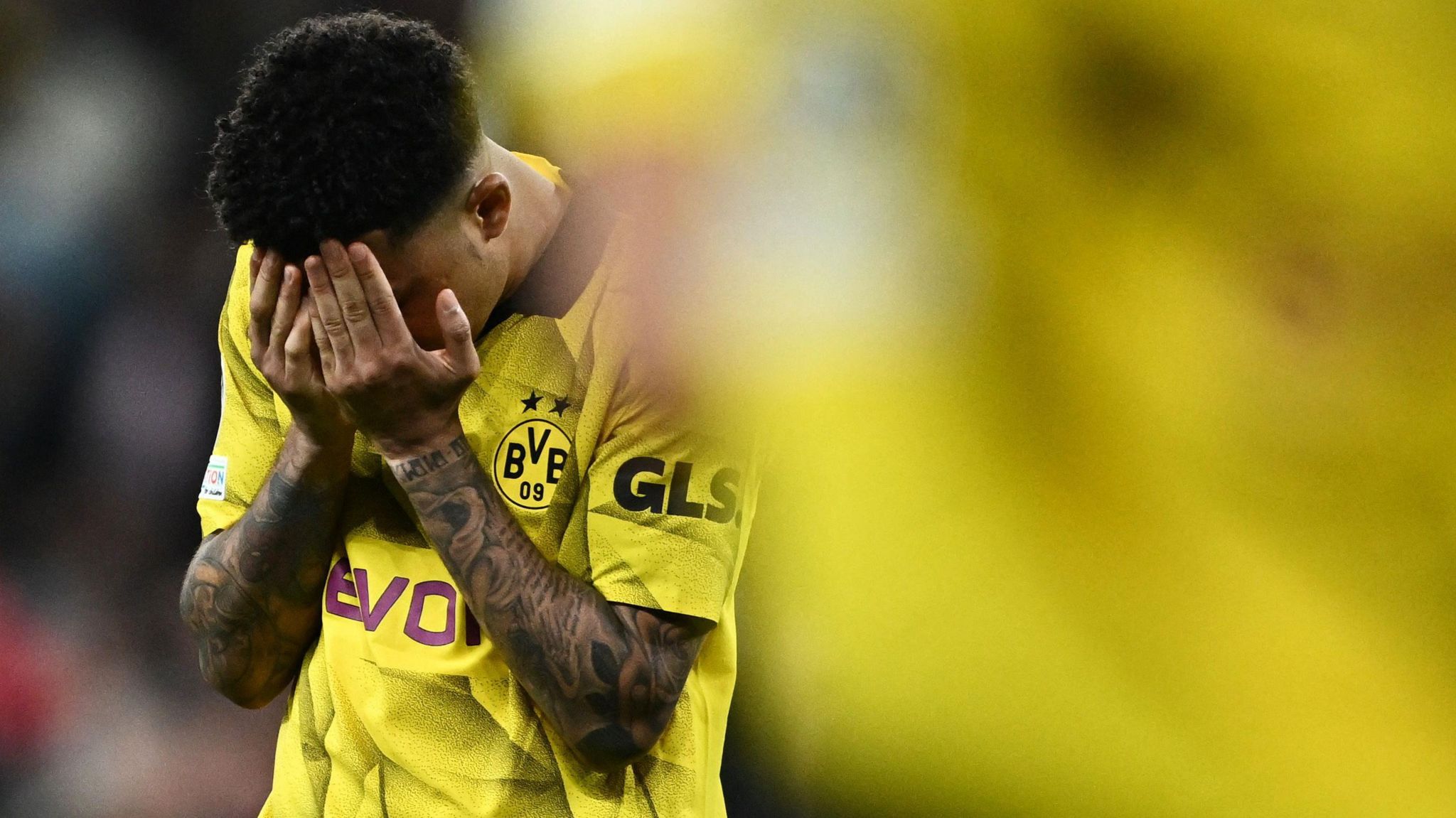 Borussia Dortmund's Jadon Sancho looks dejected after the match