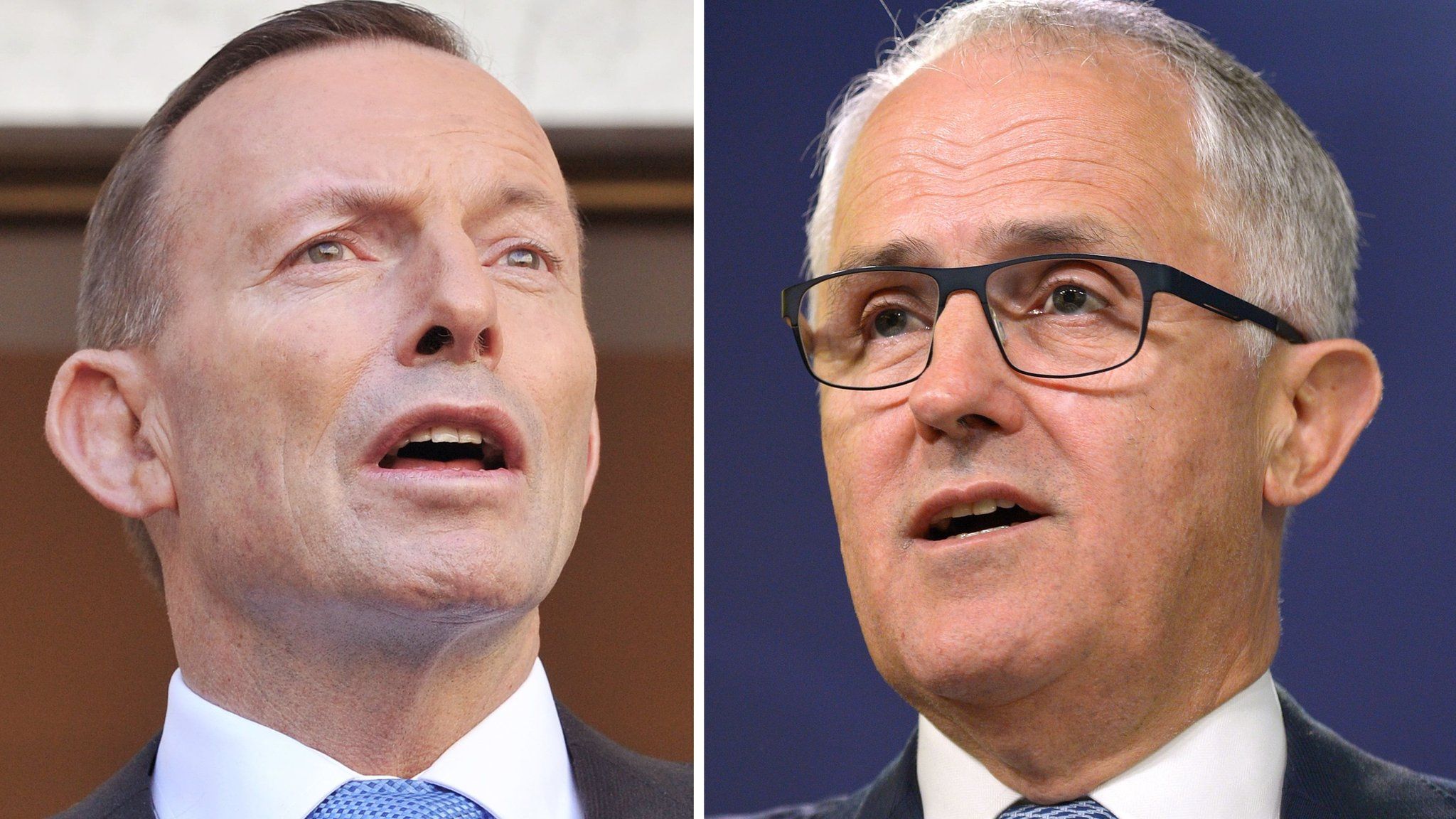 This combo of file photos shows Australia"s Communications Minister Malcolm Turnbull (R) speaking at a press conference in Sydney September 24, 2013 and Australian Prime Minister Tony Abbott (L) speaking to the media during a press conference at Parliament House in Canberra on September 9, 2015