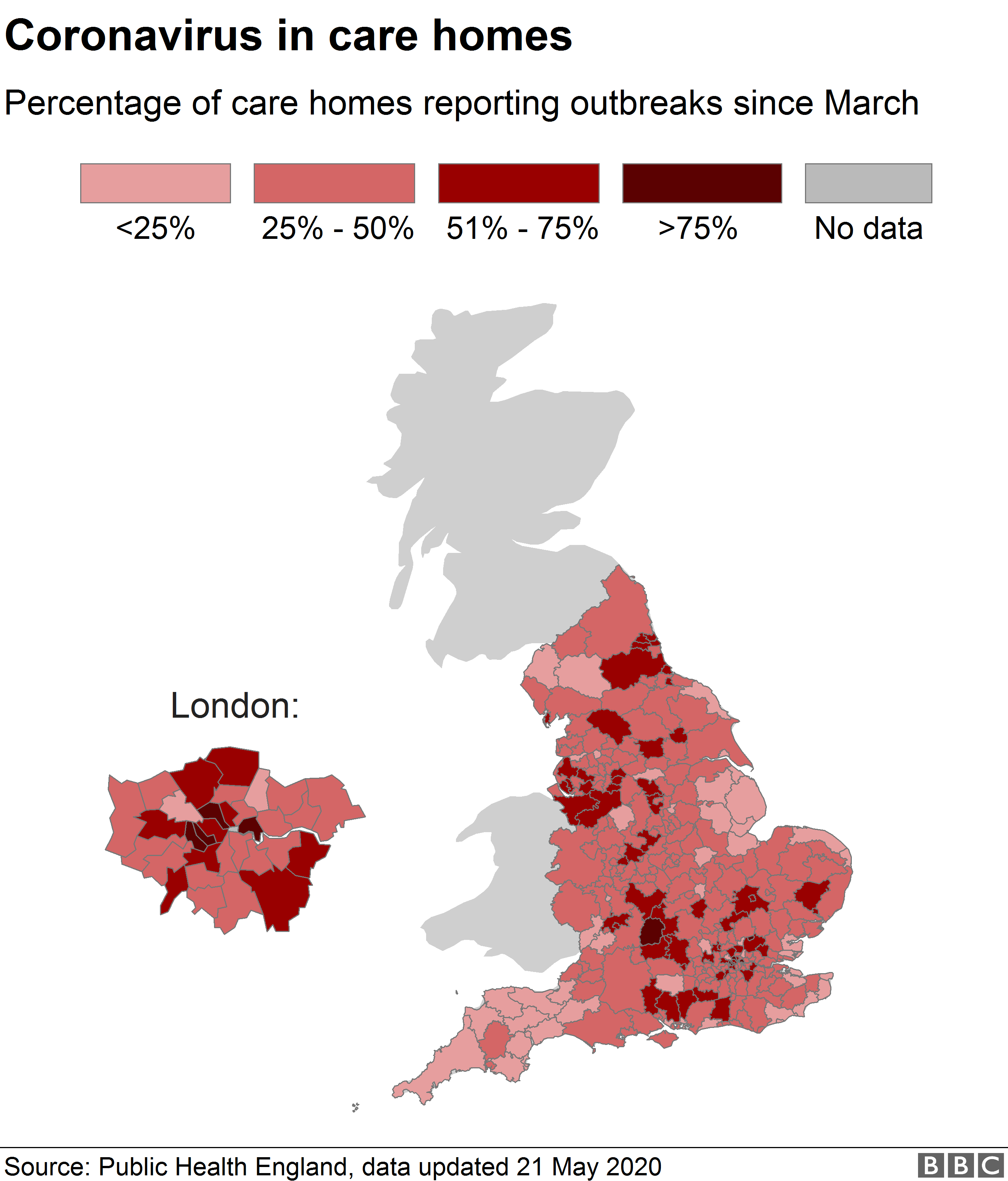 Map showing proportion of care homes reporting outbreaks across England