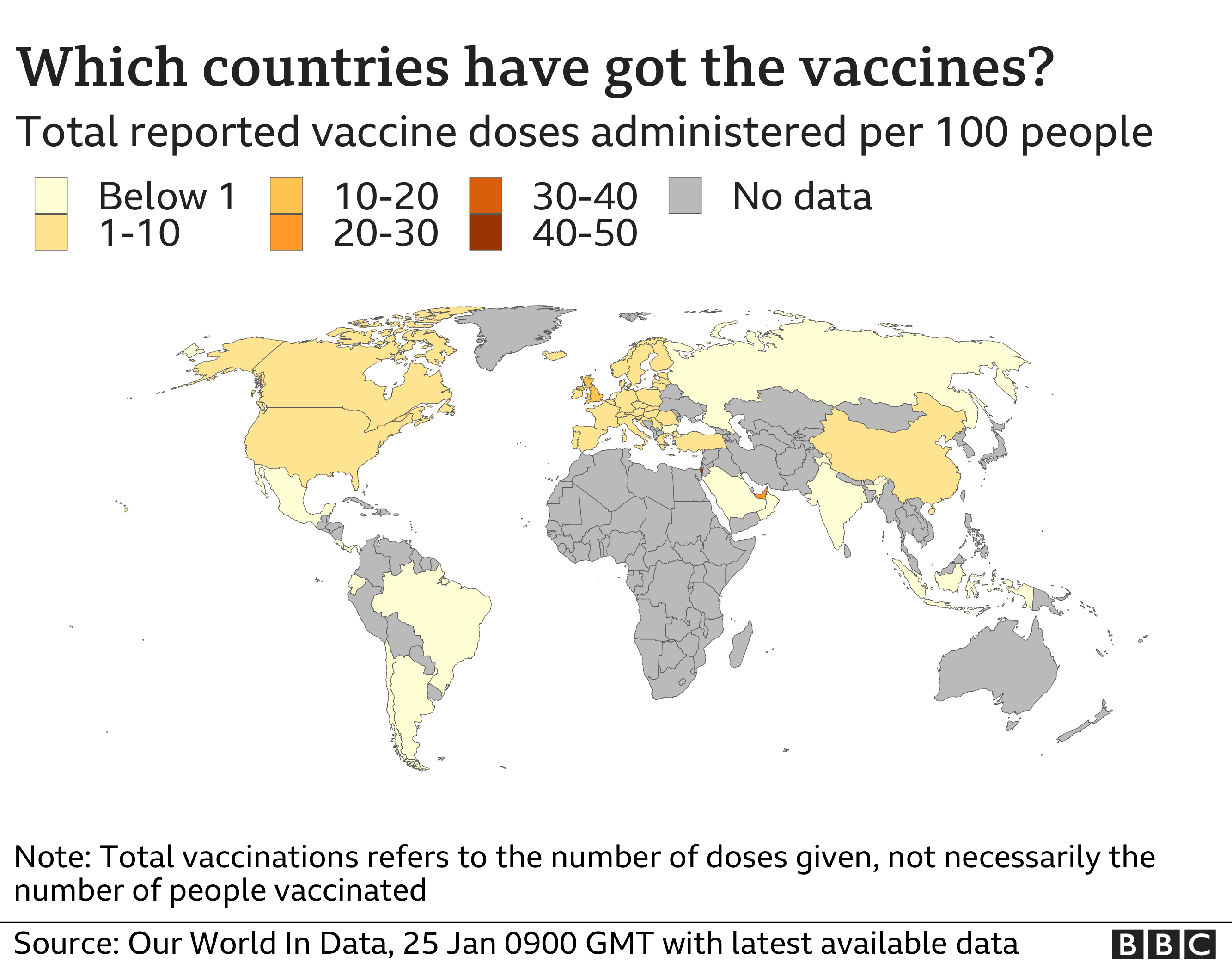 Map shows doses administered per 100 people. Updated 25 Jan.