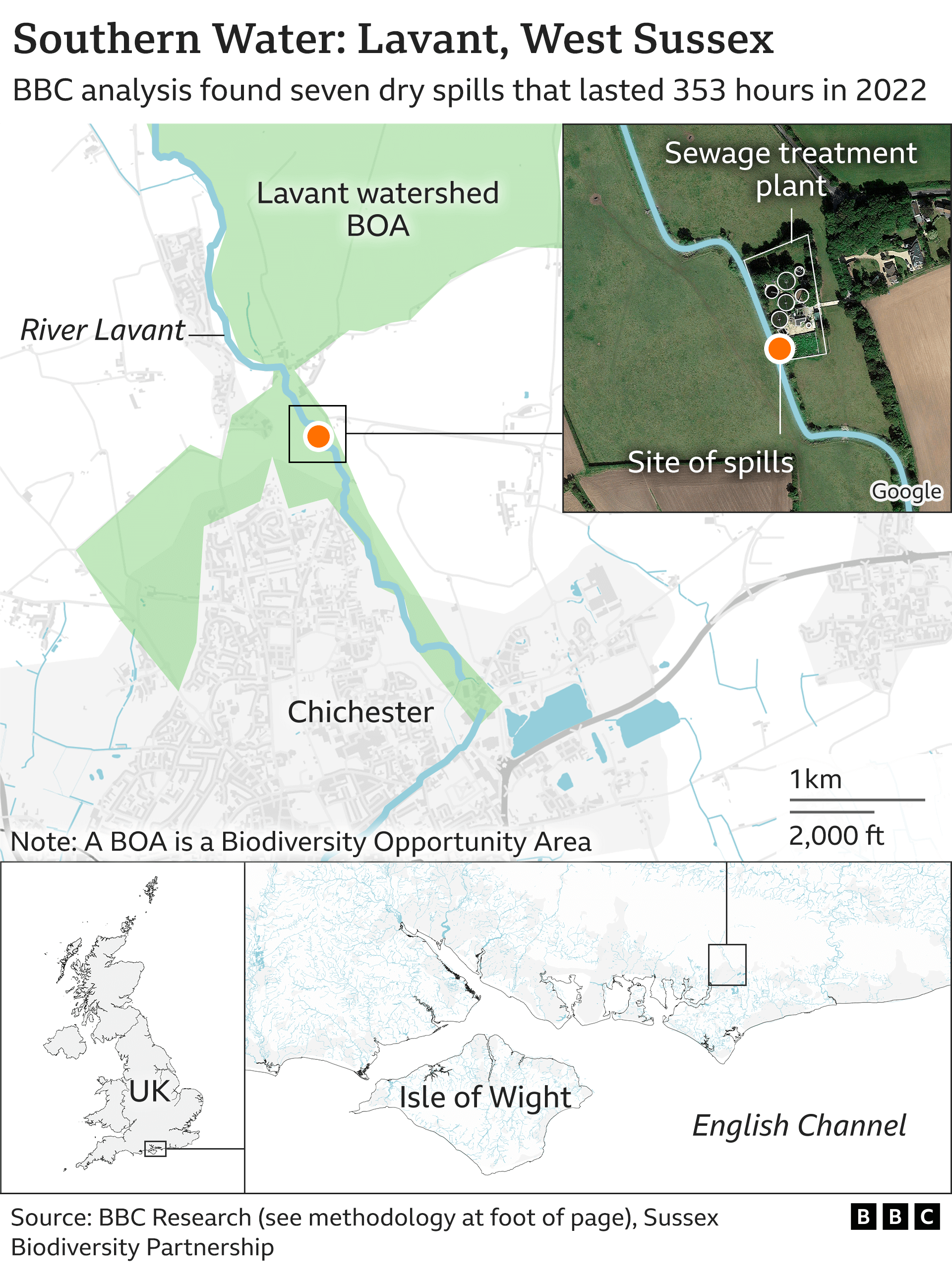 Карта, показывающая Лавант, Западный Суссекс, где в 2022 году произошло шесть сухих разливов продолжительностью 314 часов