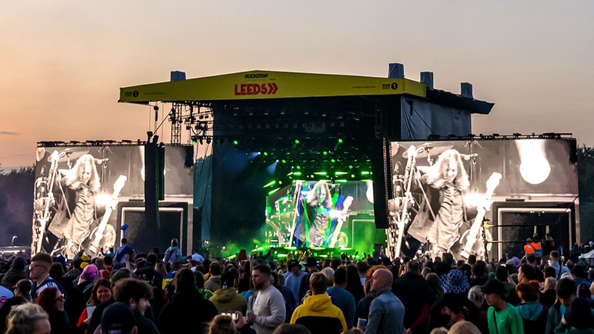 Thousands of music fans in front of the main stage at Leeds Festival