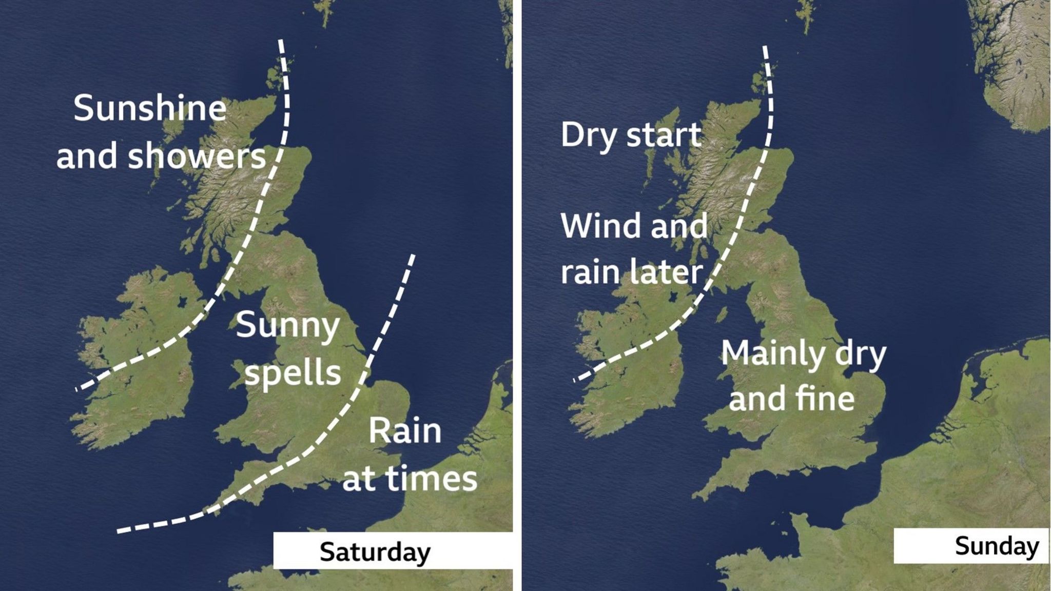 Map of UK with different zones of weather for Saturday and Sunday