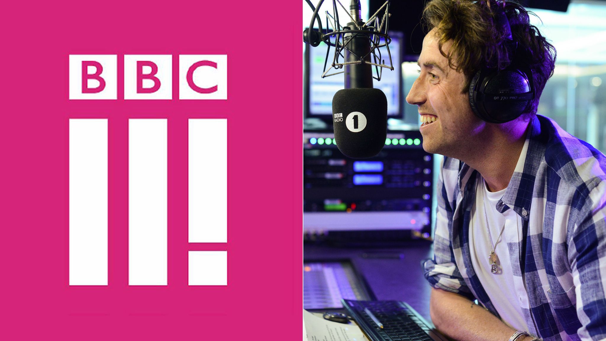 BBC Three logo and Radio 1 DJ Nick Grimshaw