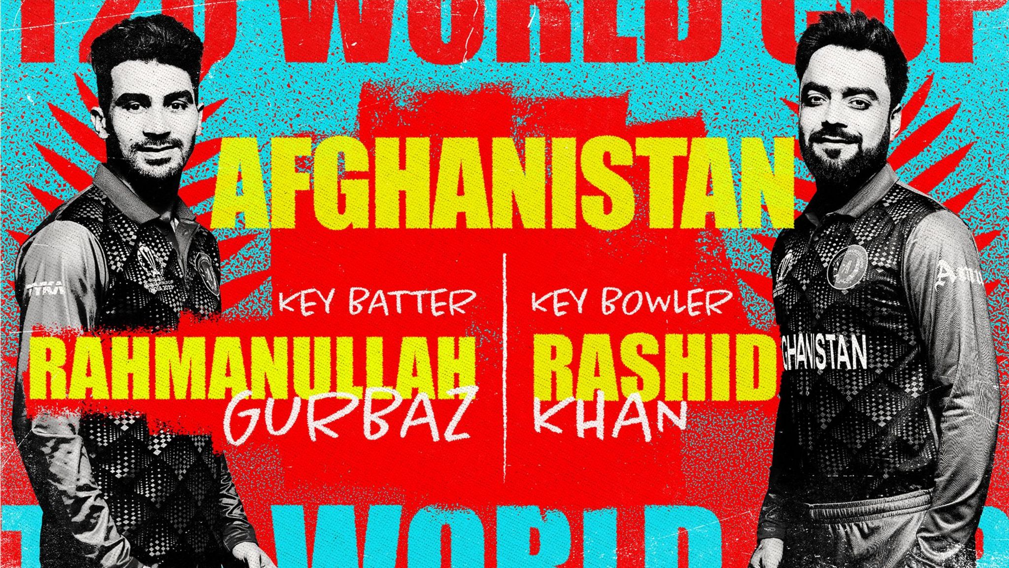 A graphic showing Rahmanullah Gurbaz and Rashid Khan as Afghanistan's key batter and bowler at the Men's T20 World Cup