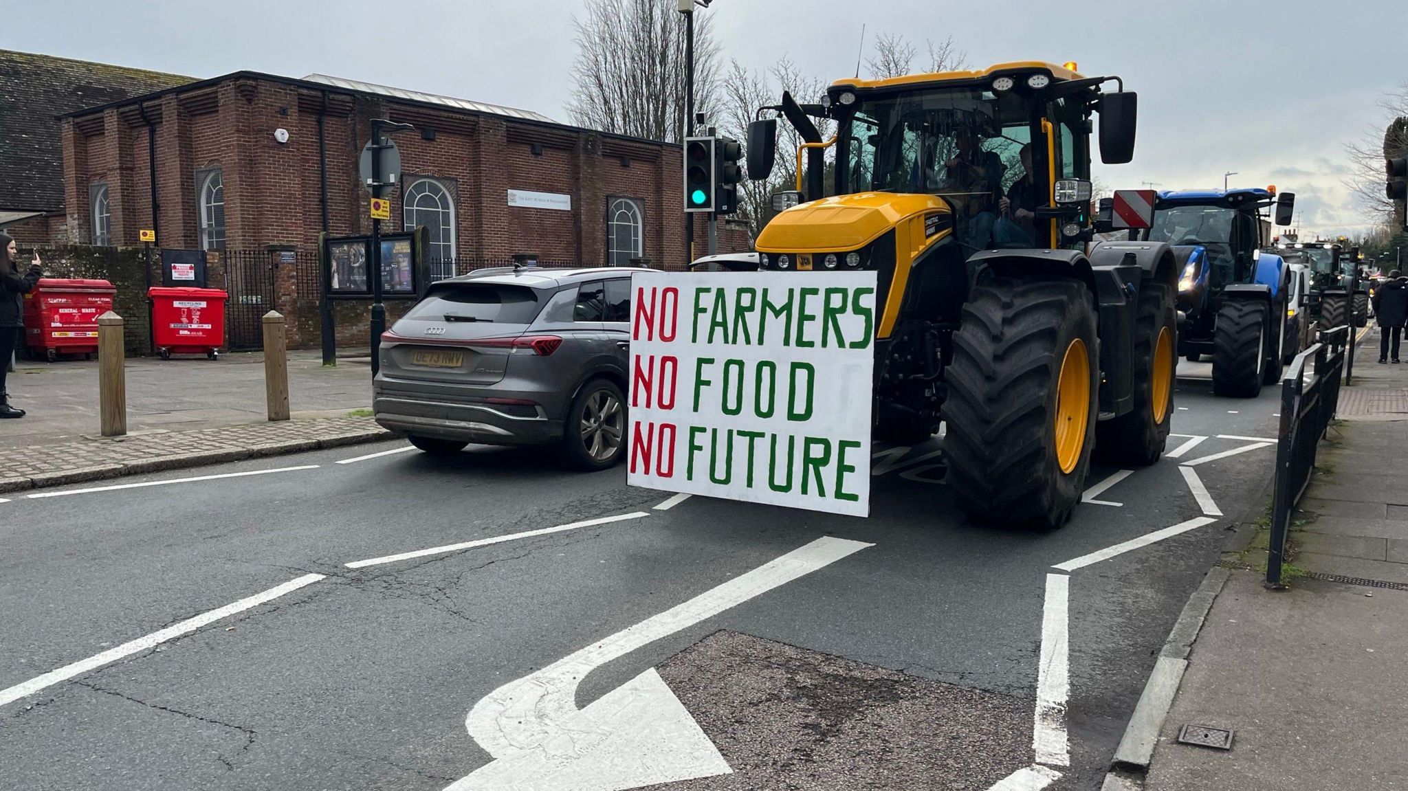 A tractor taking part in a farmers' protest in Canterbury