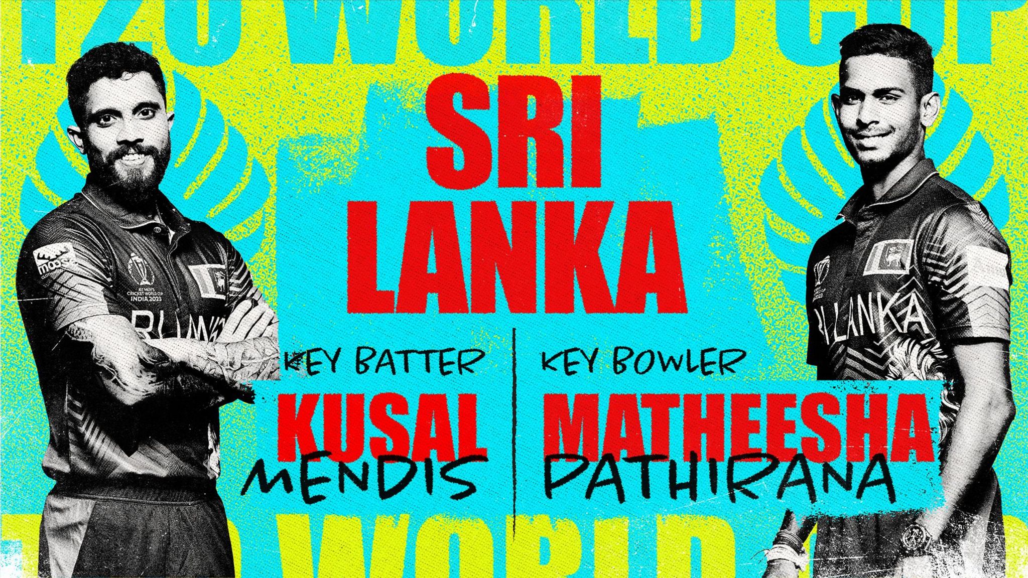 A graphic showing Kusal Mendis and Matheesha Pathirana as Sri Lanka's key batter and bowler at the Men's T20 World Cup