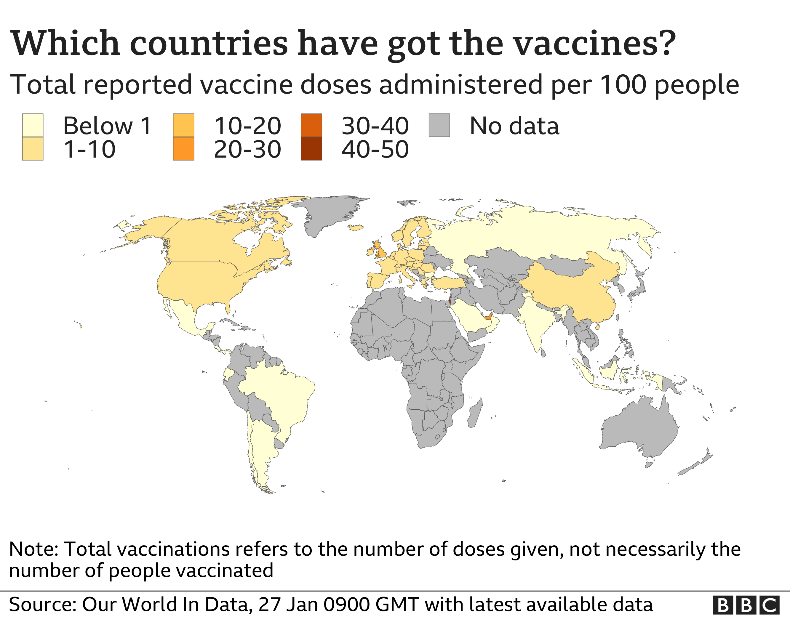 Map showing the number of vaccine doses administered per 100 people