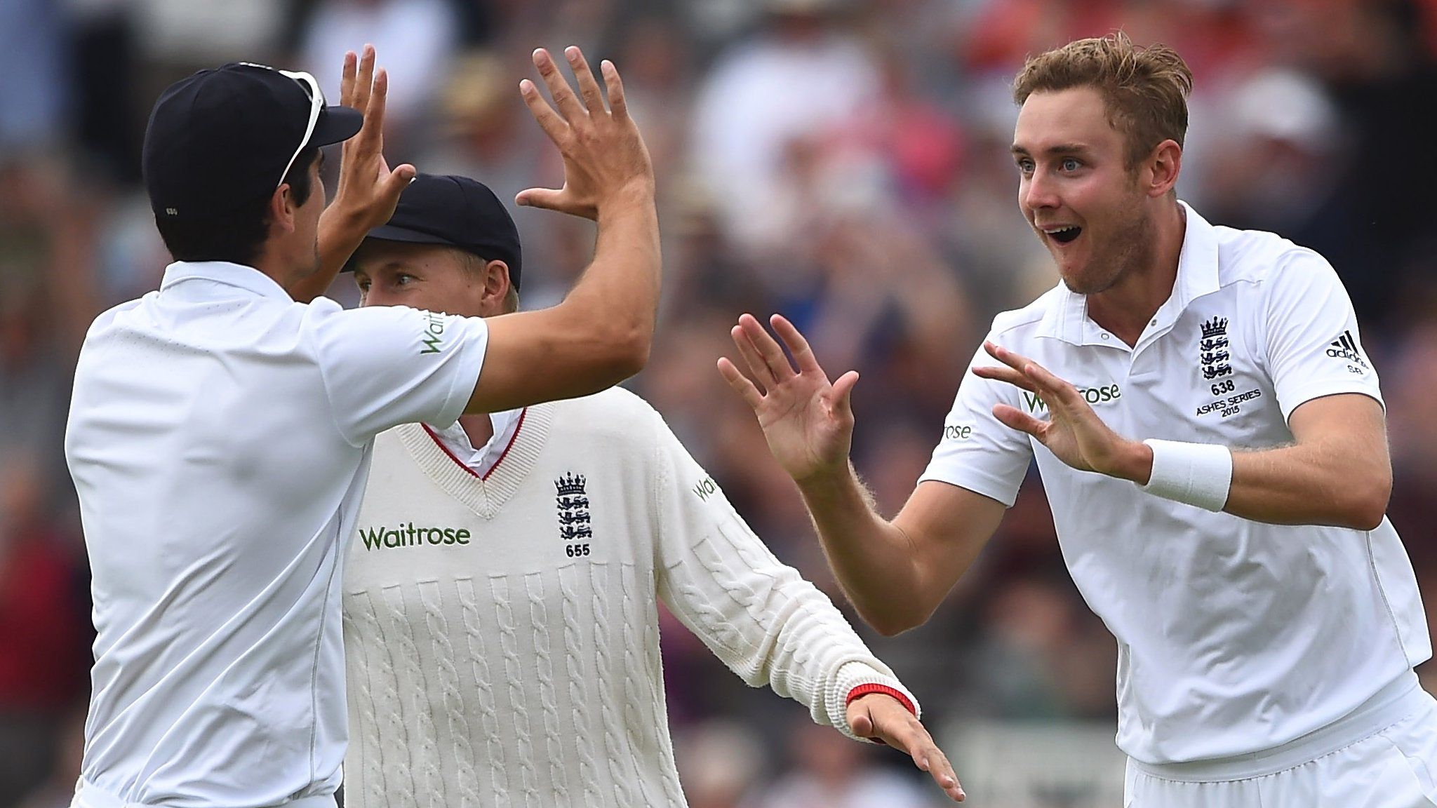 England's Stuart Broad (right) celebrates taking a wicket