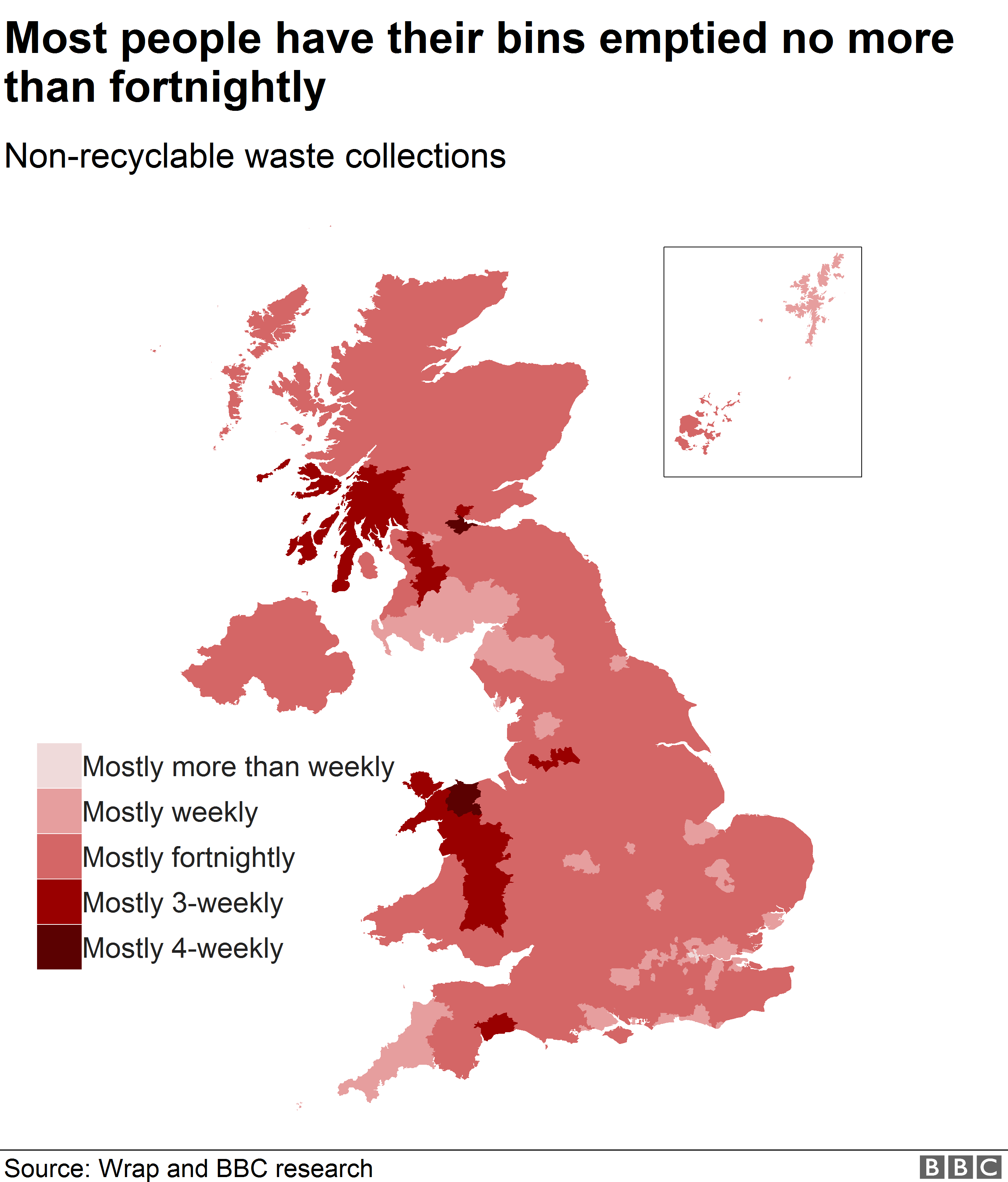 Map showing proportion of weekly and fortnightly collections