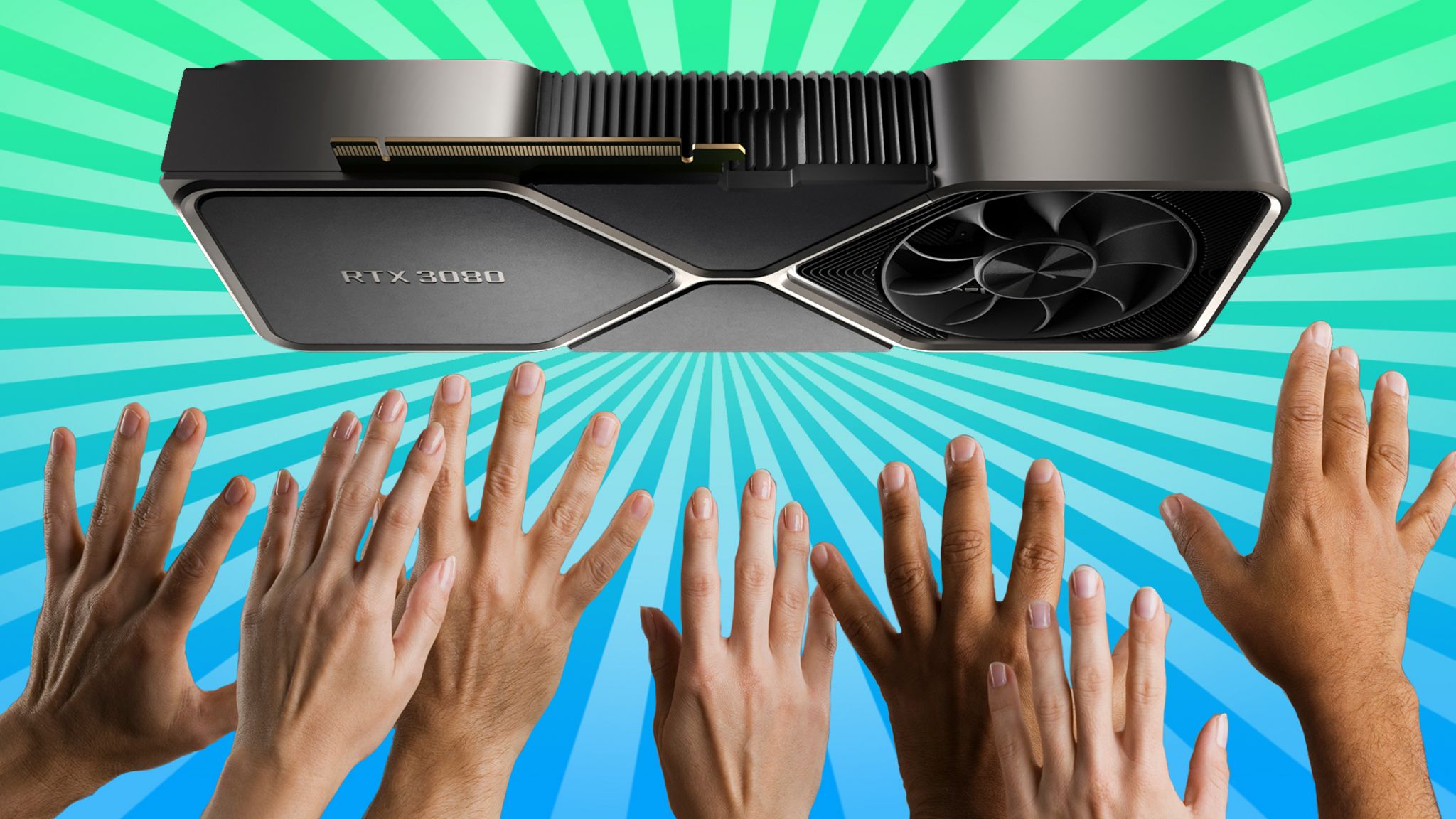 Outstretched hands reach to the sky to try to grasp an Nvidia RTX 3080 in this composite illustration