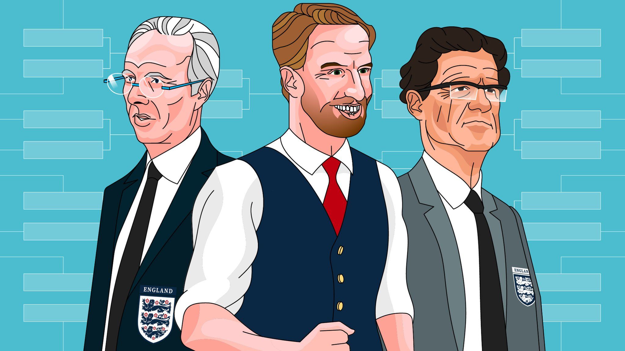 Illustration showing Sven-Goran Eriksson, Gareth Southgate and Fabio Capello