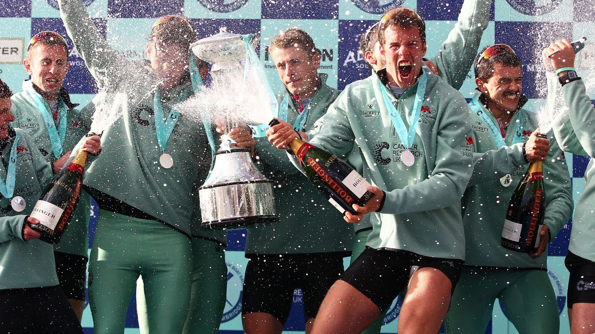 Cambridge celebrate victory in the 2016 men's Boat Race