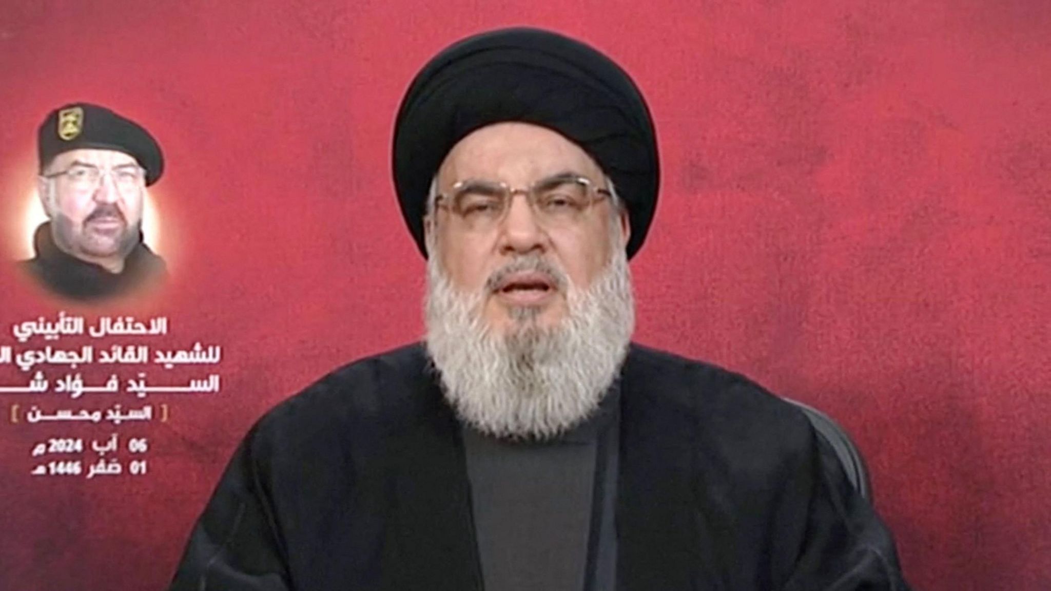 Hezbollah leader Sayyed Hassan Nasrallah gives a televised address, at a memorial ceremony to mark one week since the killing of Hezbollah senior commander Fuad Shukr.