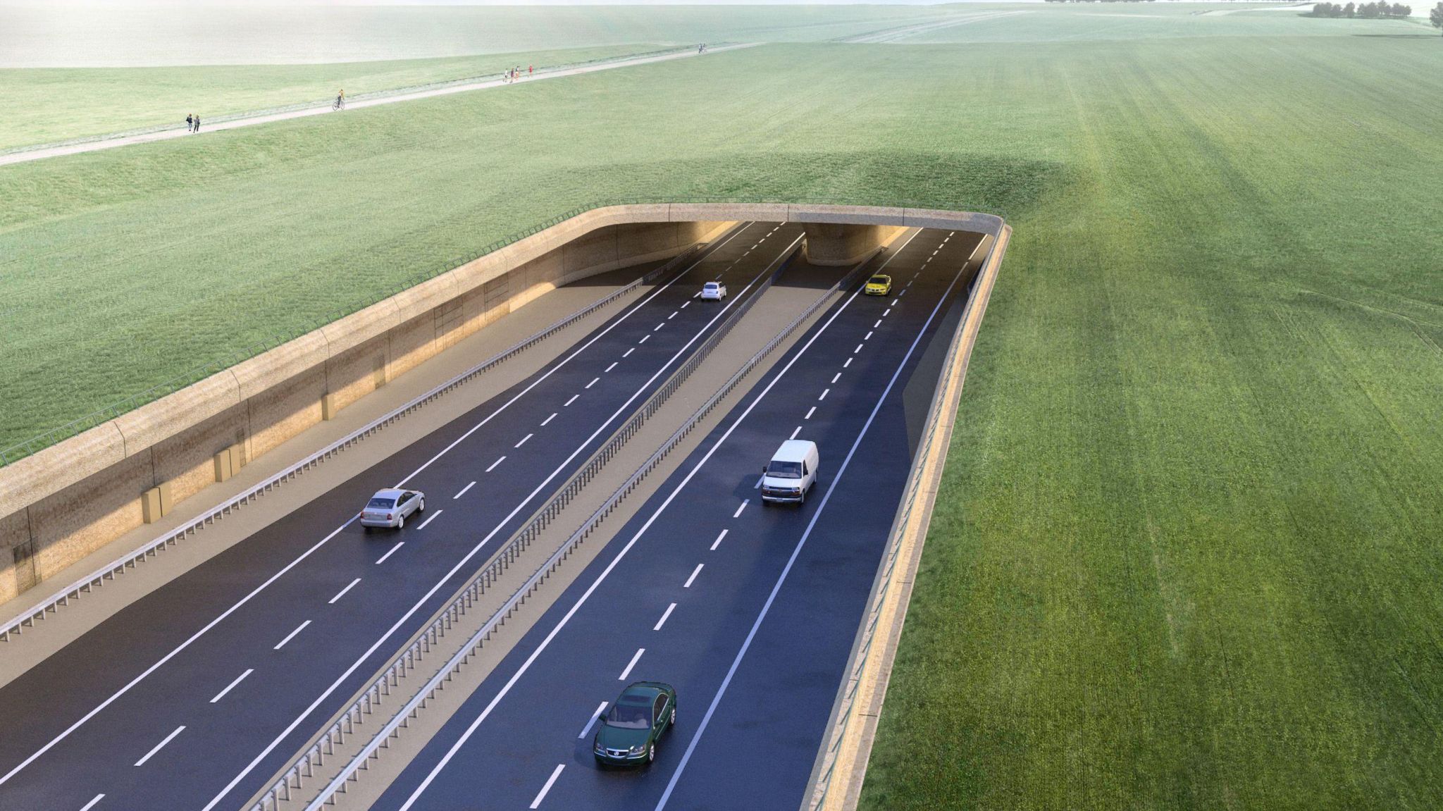 Visualisation of the proposed A303 Tunnel West portal approach, released as part of the A303 Stonehenge (Amesbury to Berwick Down) project.