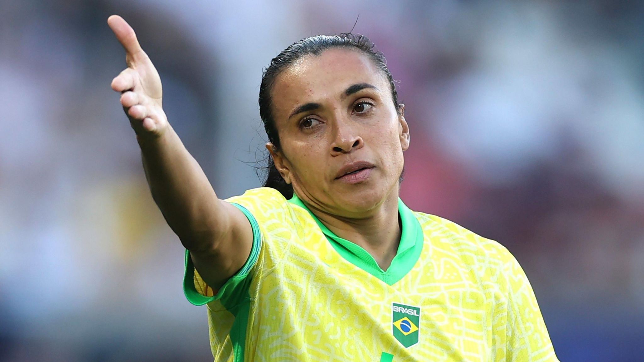 Brazil's Marta points during the Olympic women's final