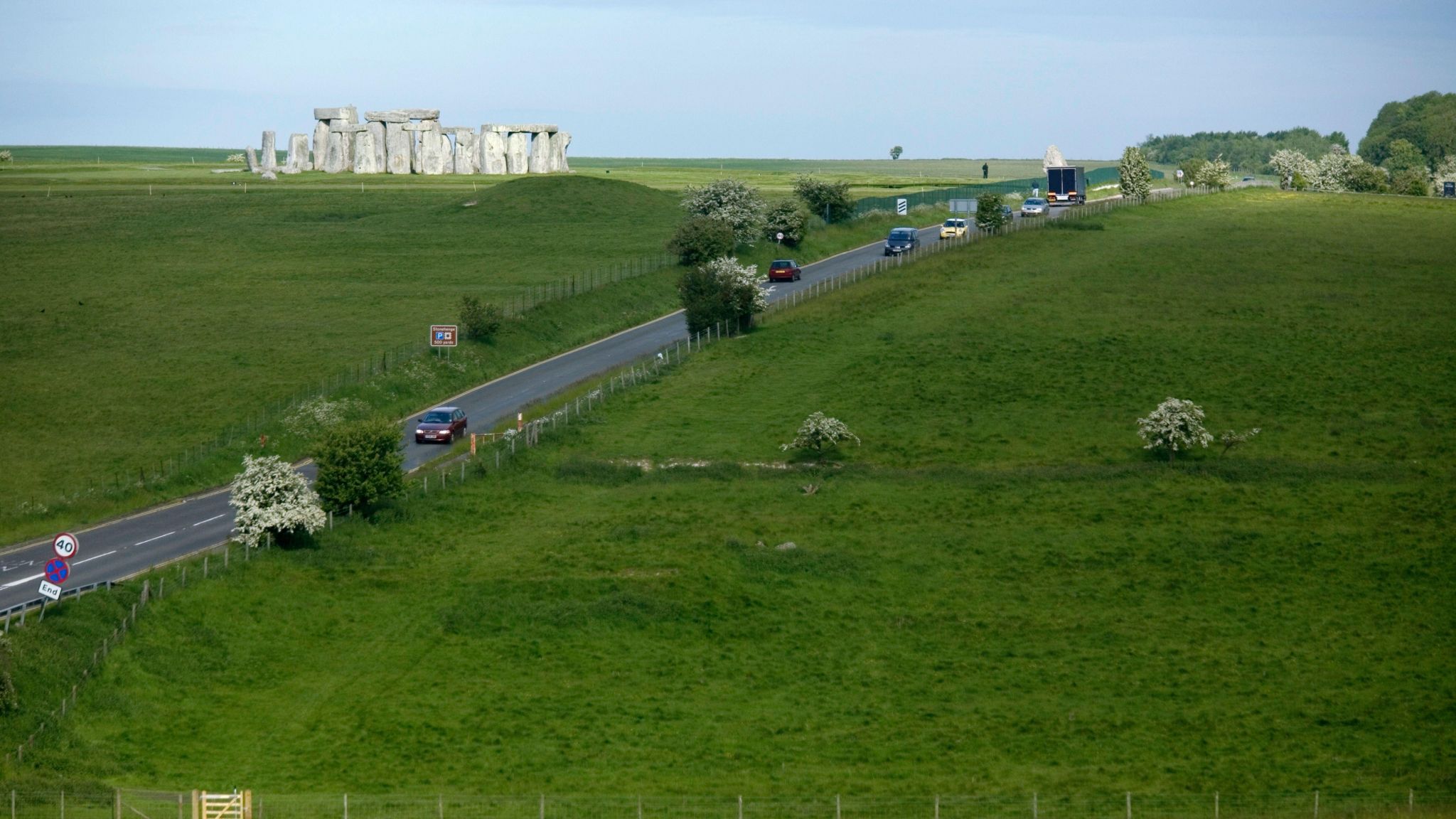 Stonehenge. The road next to it can be seen. 