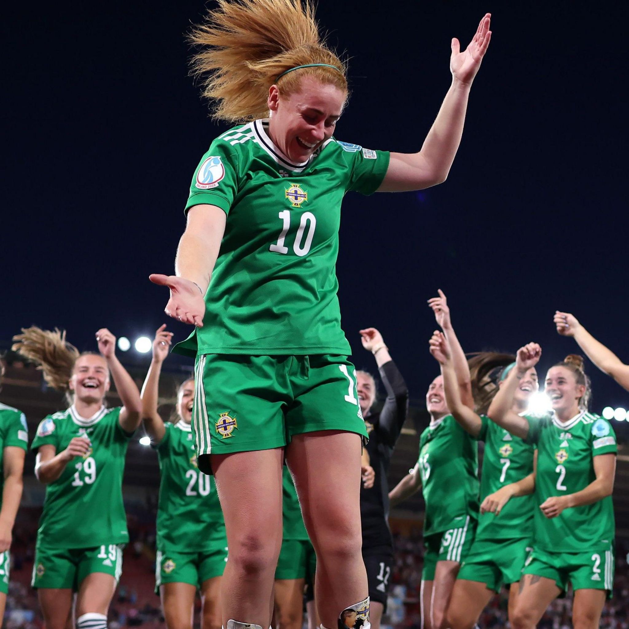 Rachel Furness dances with Northern Ireland team-mates