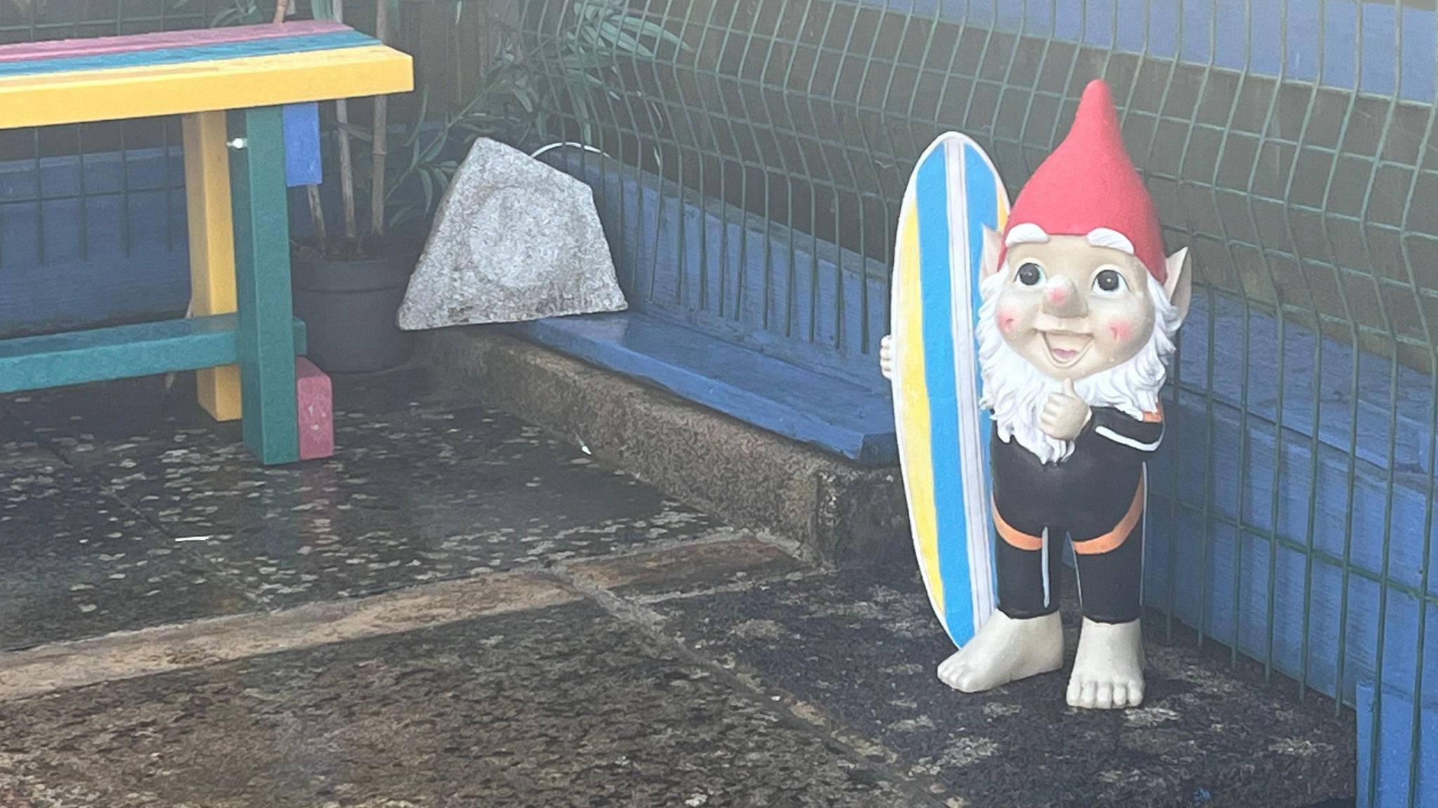 A garden gnome in the pool area, dressed in a wetsuit with a surfboard