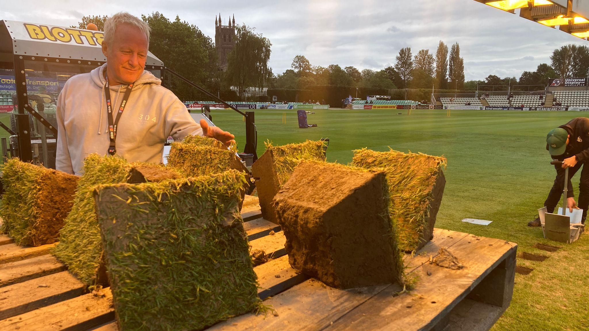 The Worcestershire groundstaff dug up sections of turf in an attempt to dry them out