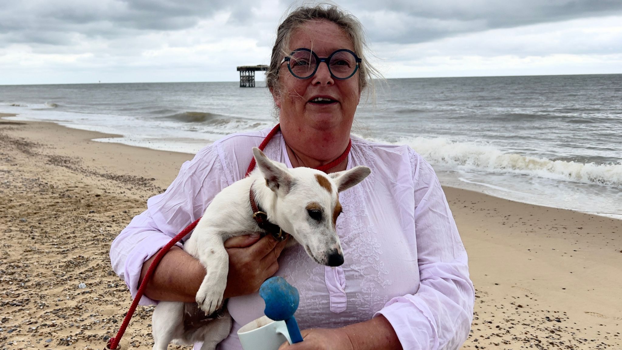 Henriette Palmer with her dog Pookie at Sizewell beach 